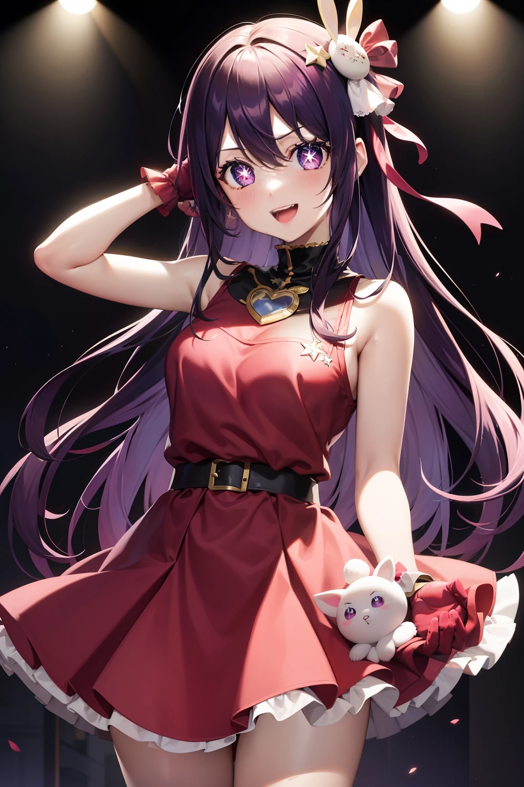 Ai Hoshino, Ai Hoshino, hair between eye, Hair Ornament, Hair Ribbon, Long hair, One side up, (Purple eyes:1.1), Purple hair, rabbit hair ornament, (star-shaped pupils:1.5), symbol-shaped pupils,Brake belt, Black belt, brooches, Dress, Pink dress, frilly dress, Ruffled gloves, frilld, gloves, heart brooch, Idol, Idol clothes, Jewelry, Pink gloves, Red Ribbon, bow ribbon, turtleneck dress,BREAK looking at viewer,Break indoors,BREAK (masutepiece:1.2), Best Quality, High resolution, Unity 8k壁纸, (Illustration:0.8), (Beautiful detailed eyes:1.6), extra detailed face, Perfect Lighting, extremely details CG, (Perfect hands, Perfect Anatomy),Smile with open mouth、Concert Venues、live house、stage、cowboy shot