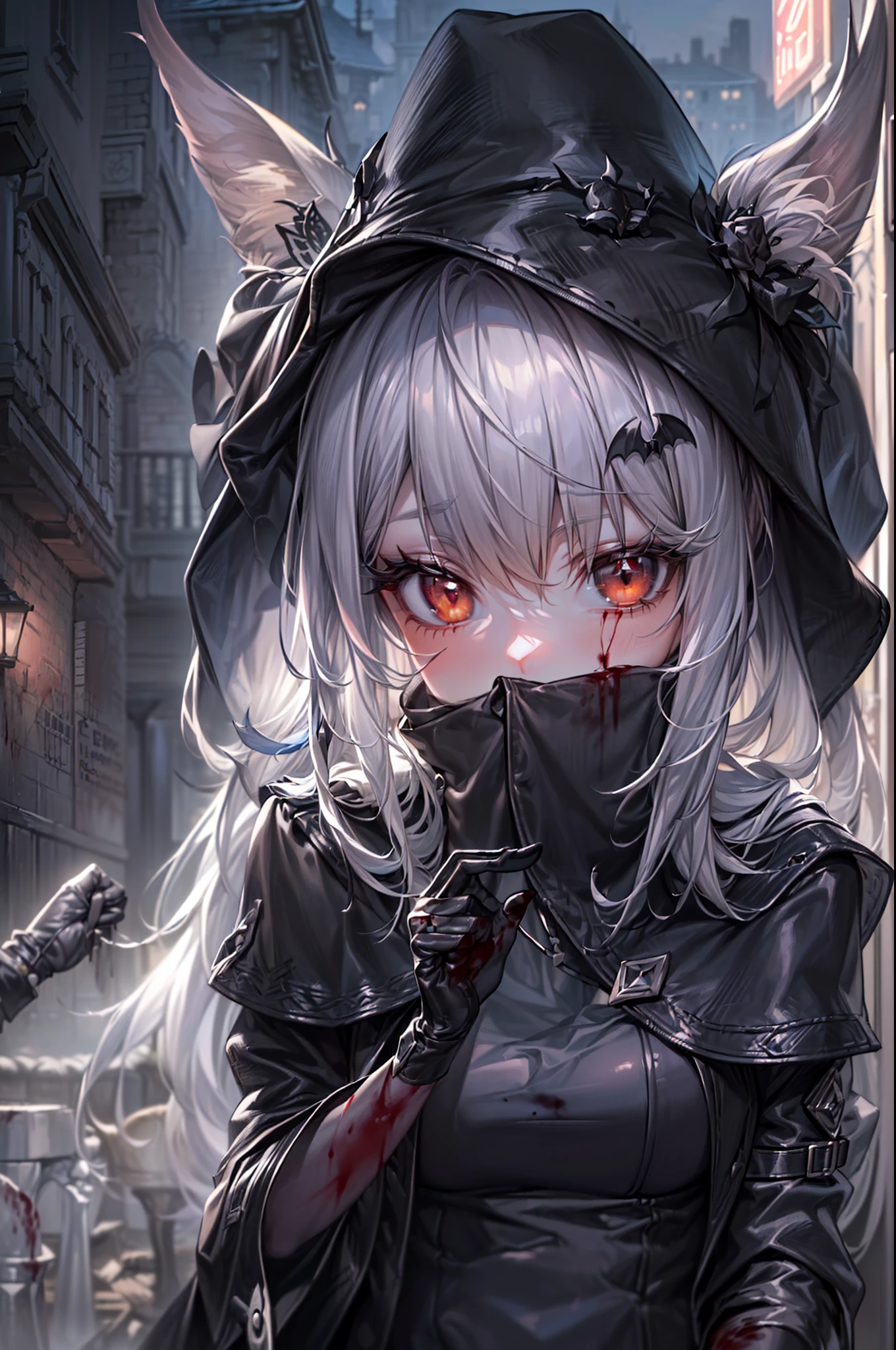 {{masterpiece, best quality, extremely detailed CG, unity 8k wallpaper,anatomically correct,ultra resolution}},Award-winning photography,(best illumination,Very Delicate and Beautiful),{one girl,solo,loli:1.5},Vampire,silver hair,(twintails:1.2),glowing red eyes,pale skin,(extremely beautiful and detailed face:1.2), (extremely beautiful and detailed eyes:1.2),perfect hands,delicate legs,((bat hair ornament)),(epic,fashion),pointy ears,((black leather long coat:1.5,gothic blouse,black leather pants,black leather shoes,black leather gloves,popped collar:1.3)),looking at viewer,,hand on hip,(point at viewer:1.4),dark persona,evil,(cute:1.5),((night, dark atmosphere, dark theme, darkness:1.5)),dramatic shadows,(dimly lit:1.5),blood on face,blood on floor, blood on walls,(blood mist,blood splash:1.4),depth of field,(Bustling city:1.2,in the street:1.2),{perfect human body structure with maximum precision}