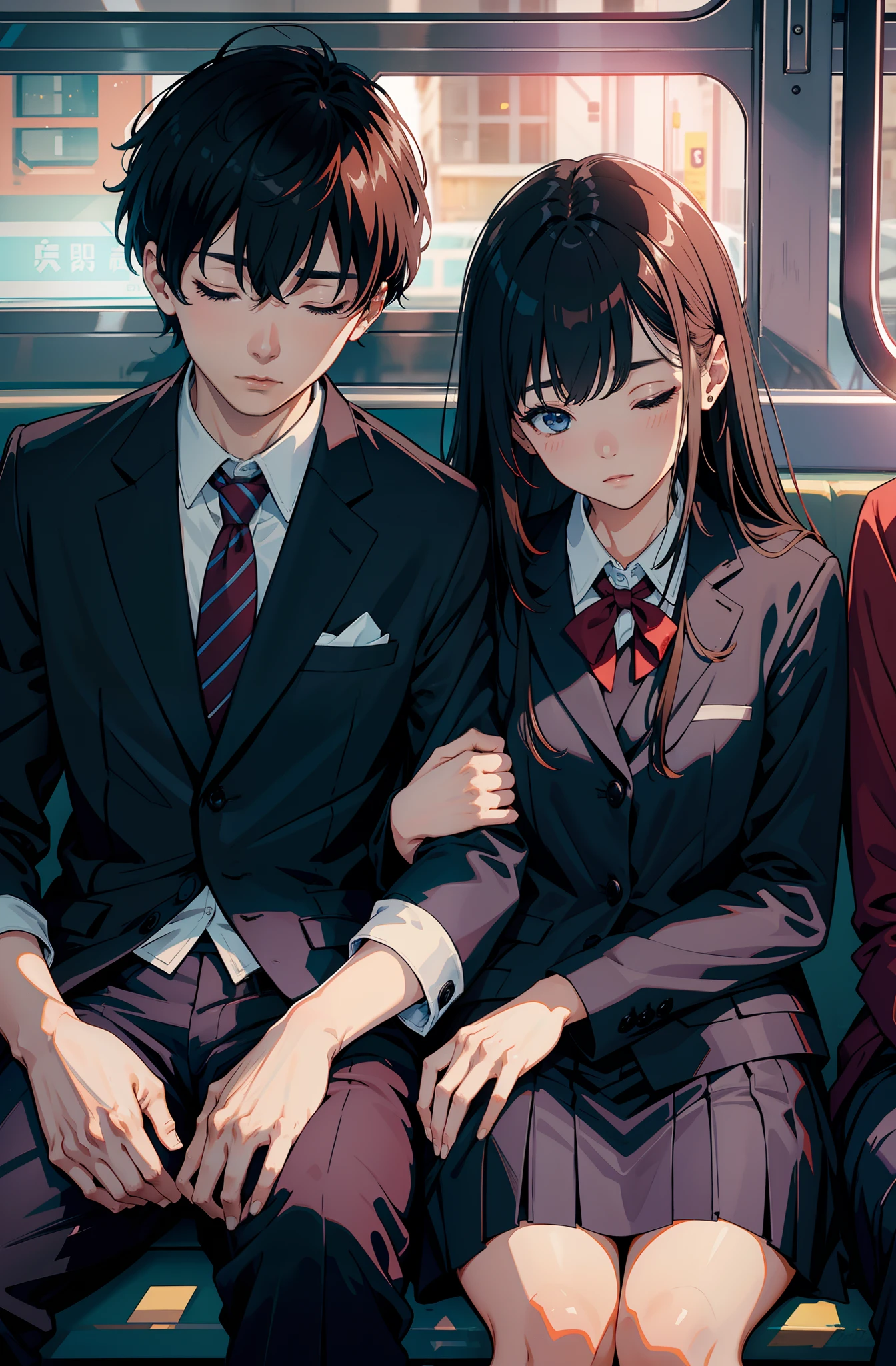 (top-quality、8K)Couple of men and women in high school uniform、Sitting on the train、Sleeping cuddle