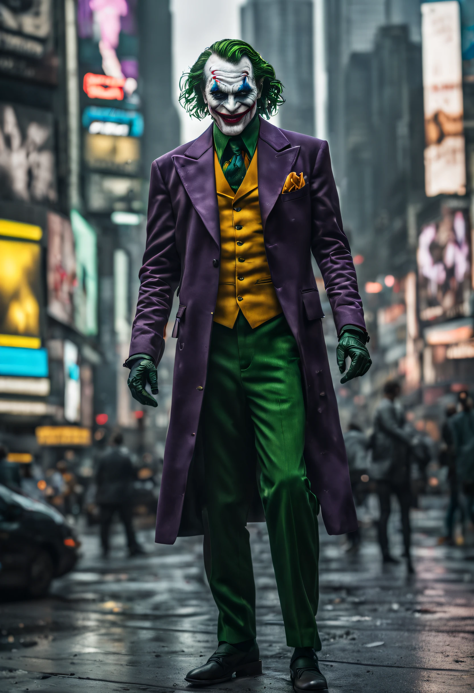 New York, Time square, Joker, macabre, horror, full body photo, gray skin, cybernetic, technological details, Authentic background, (realism: 1.5), (Realisitc: 1.4), (Absurdity: 1.4), 8k,
ultra-detailed, detailed, (one:1.4 only), (Viewer facing:1.3),