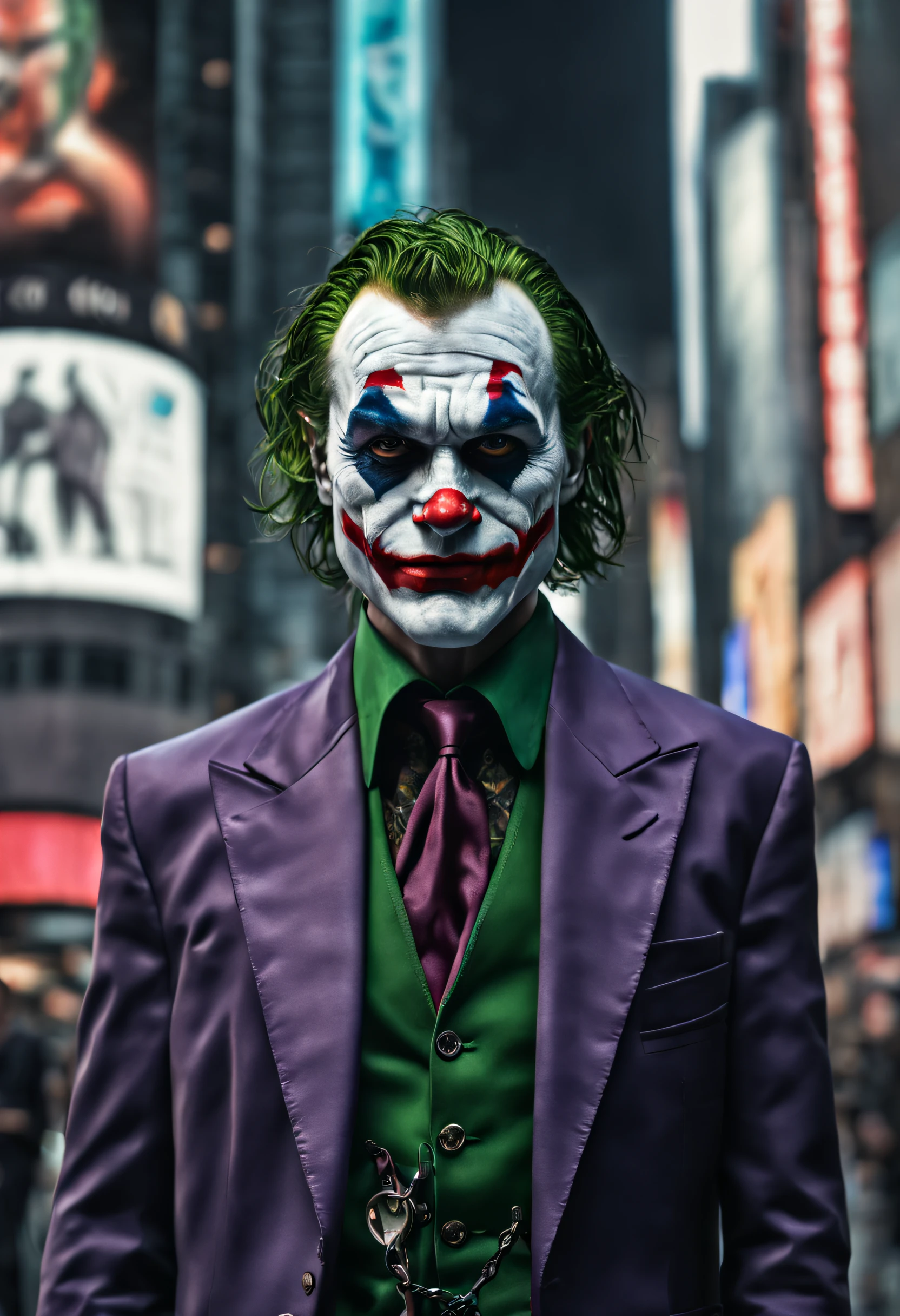 New York, Time square, Joker, macabre, horror, full body photo, gray skin, cybernetic, technological details, Authentic background, (realism: 1.5), (Realisitc: 1.4), (Absurdity: 1.4), 8k,
ultra-detailed, detailed, (one:1.4 only), (Viewer facing:1.3),