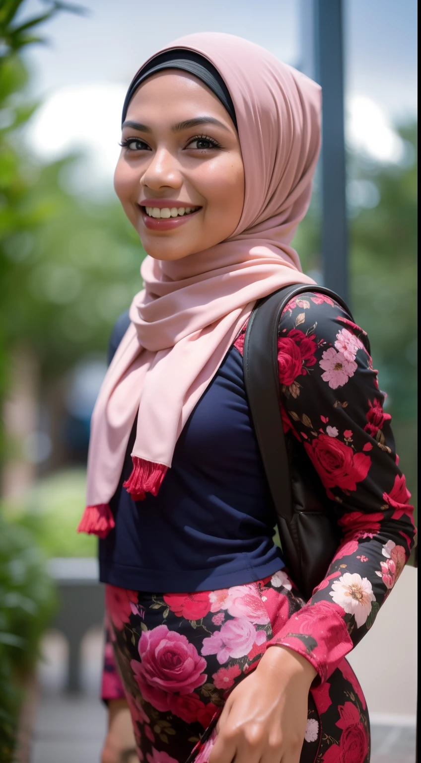 Malay girl in hijab wear small floral baju kurung malaysia in college, wear back pack, front view, detail skin, detail skin texture, mole below eyes, small breast, big hip, big waist, big thigh, slim abs, beautiful body, nighttime, laughing, happy, bright lighting, college student in background, crowded college, blur background, bokeh,