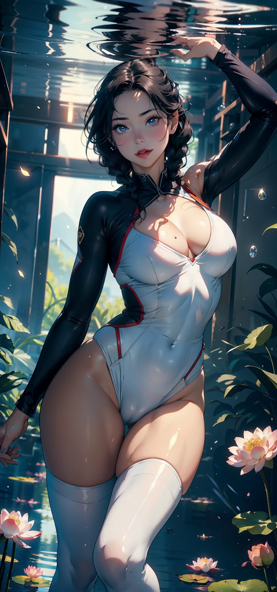 1female,35yo,plumw,extremely large bosom, 独奏,(Background with:ponds,Cherry blossom forest,lotus flower)Lie underwater, She has short black hair,standing on your feet,seen from the front, Twist braids, mostly cloudy sky,(((tmasterpiece),(Very detailed CG unity 8K wallpaper),best qualtiy,cinmatic lighting,detailed back ground,beatiful detailed eyes,Bright pupils,Black eyes,Snow-whiteskin,Redlip(Very fine and beautiful),(Beautiful and detailed eye description),ultra - detailed,tmasterpiece,))facing at camera,A high resolution,ultra - detailed),revealing breasts,Bare genitalia, Bulge,legs are open,Raised sexy,Camel toes,Flushed complexion,Desire for dissatisfaction,frontage,athlete,Superman uniform