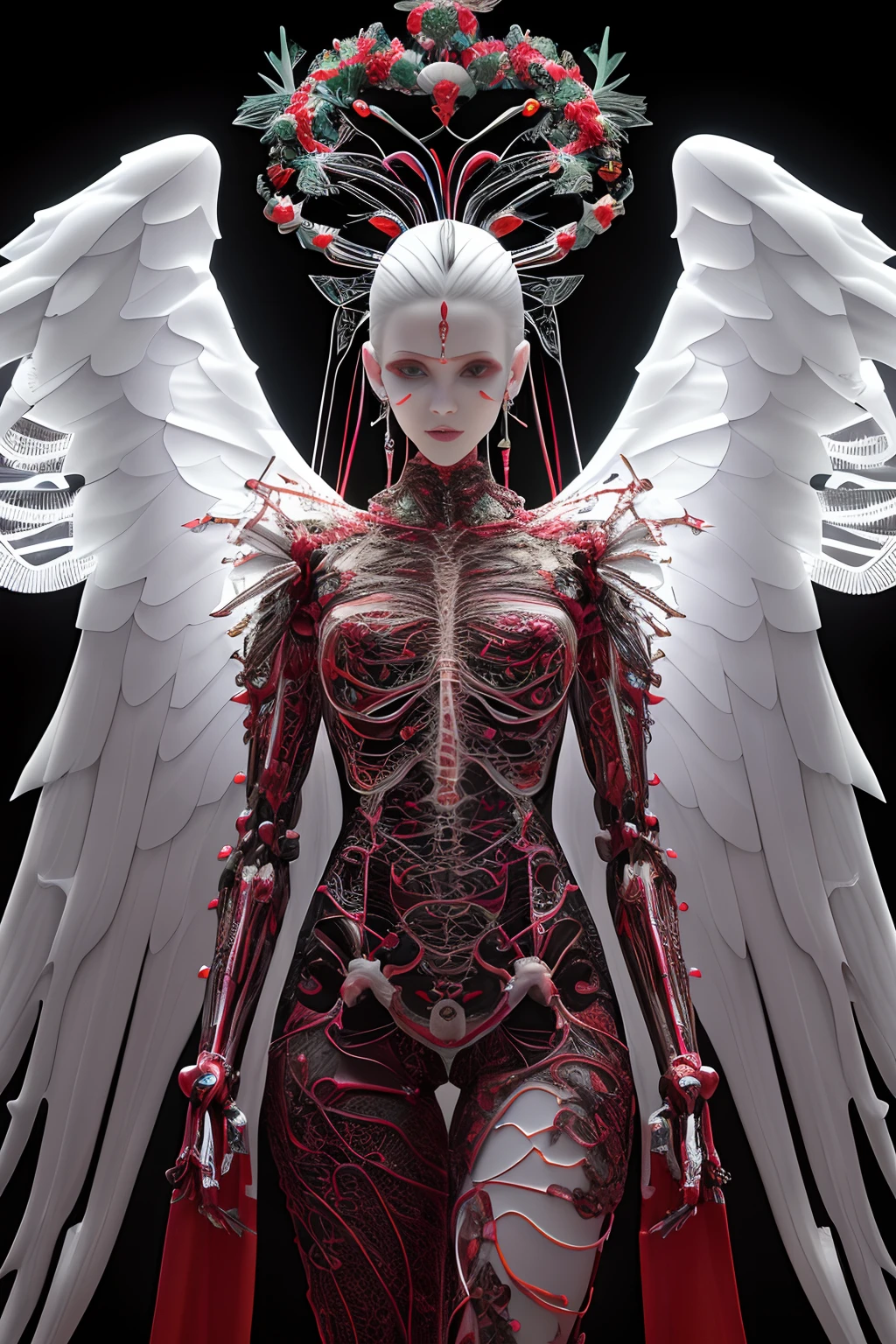 Intricate 3d rendering ultra-detailed beautiful angel of death, biomechanical robot, simulated 150mm lens, beautiful natural soft edge light, neon veins, roots, delicate leaf lace, colorful details, Boris Bidjan Saberi costume, pearl earrings, piercings, art nouveau fashion embroidery, intricate details, mesh lines, Mandelbrot fractals, facial muscles, cables, microchips, villains, surreal, ultra-detailed, octane, volumetric lighting, 8k and post-production, red The white has a little bit of black, Metal Skeleton Details, Half-Human, Iridescent, Glenn Brown Style, Futuristic Room, Power of God, High Angle Shot, Complex Body Poses