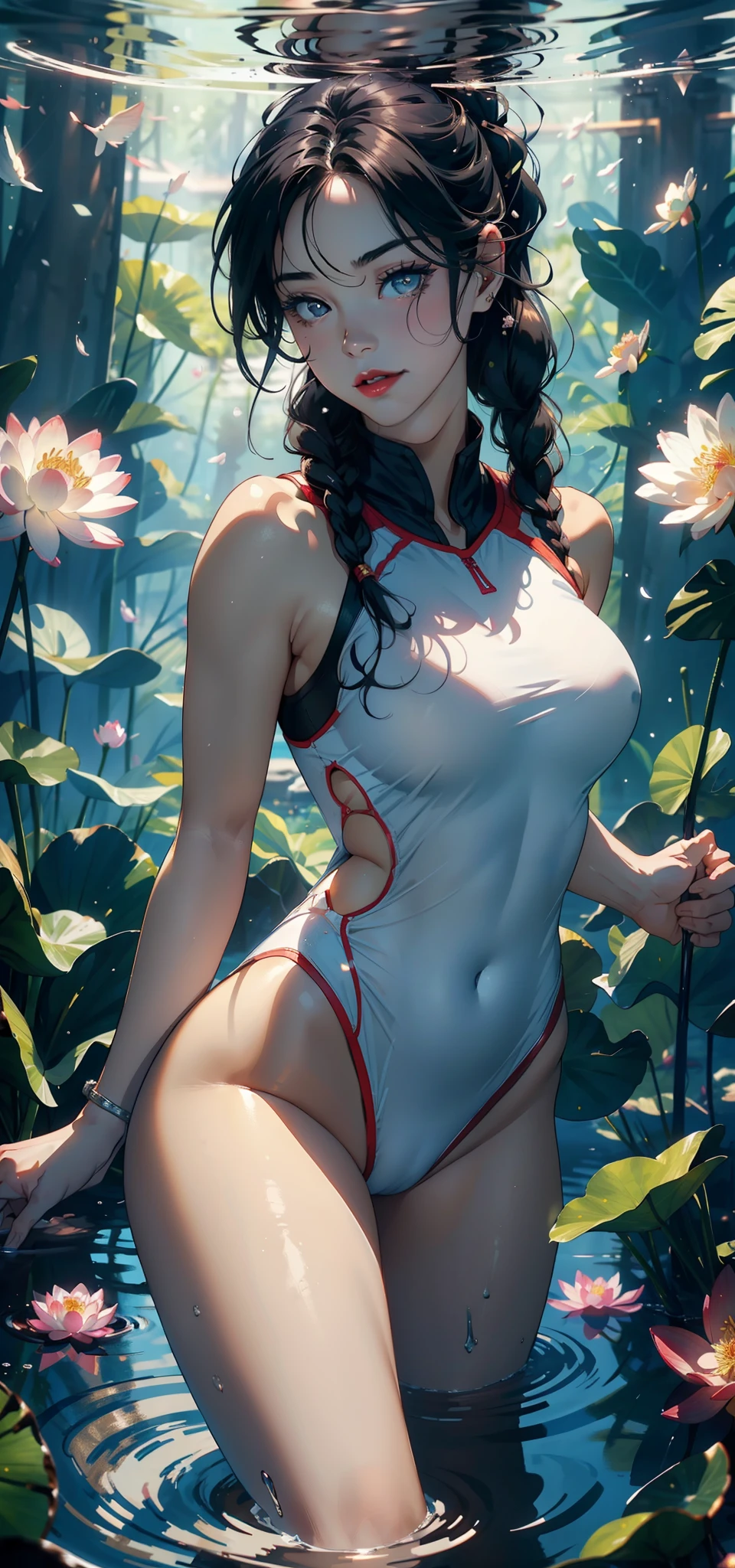 1female，35yo，plumw，extremely large bosom， 独奏，（Background with：ponds，Cherry blossom forest，lotus flower）Lie underwater， She has short black hair，standing on your feet，seen from the front， Twist braids， mostly cloudy sky，（（（tmasterpiece），（Very detailed CG unity 8K wallpaper），best qualtiy，cinmatic lighting，detailed back ground，beatiful detailed eyes，Bright pupils，Black eyes，Snow-whiteskin，Redlip（Very fine and beautiful），（Beautiful and detailed eye description），ultra - detailed，tmasterpiece，））facing at camera，A high resolution，ultra - detailed），revealing breasts，Bare genitalia，  Bulge，legs are open，Raised sexy，Camel toes，Flushed complexion，Desire for dissatisfaction，frontage，athlete，Superman uniform