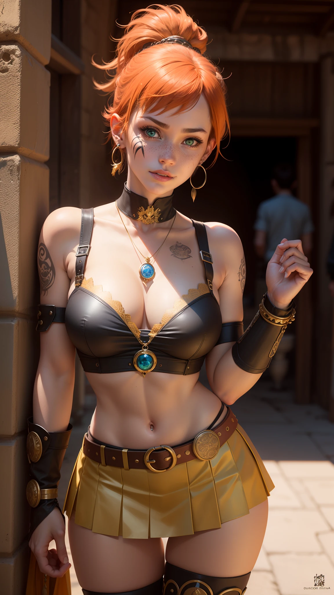 gwen tennyson,tracer,bulma,rebecca chambers,1girl,aztec female with face painting,fractal ceramic armor,beautiful neck and head jewelry,feathers,ceramic bra,ceramic belt,amazonian skirt, gold, amulets, tribal piercings and tattoos,mayan city,green eyes,thigh high boots, short hair,orange hair,shy smile, freckles,redhead,beautiful girl,large breasts,ultra detailed,realistic,fantasy art, blue and black and gold,
