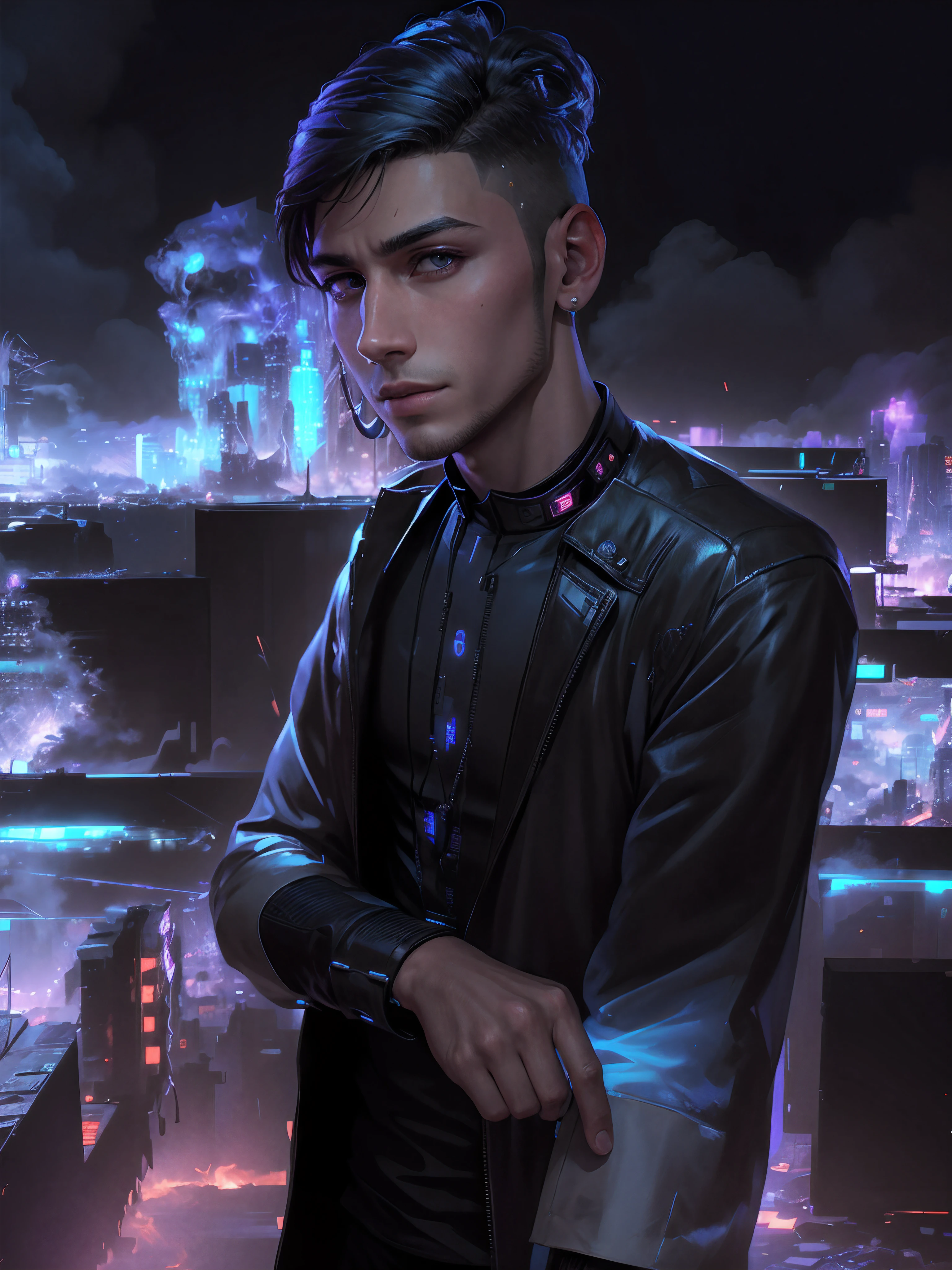 Change background cyberpunk handsome boy, realistic face, 8k, ultra realistic