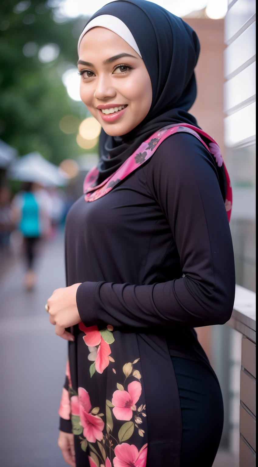 Malay girl in hijab wear small floral black baju kurung malaysia in college, wear back pack, front view, detail skin, detail skin texture, mole below eyes, small breast, big hip, big waist, big thigh, slim abs, beautiful body, nighttime, laughing, happy, bright lighting, college student in background, crowded college, blur background, bokeh,