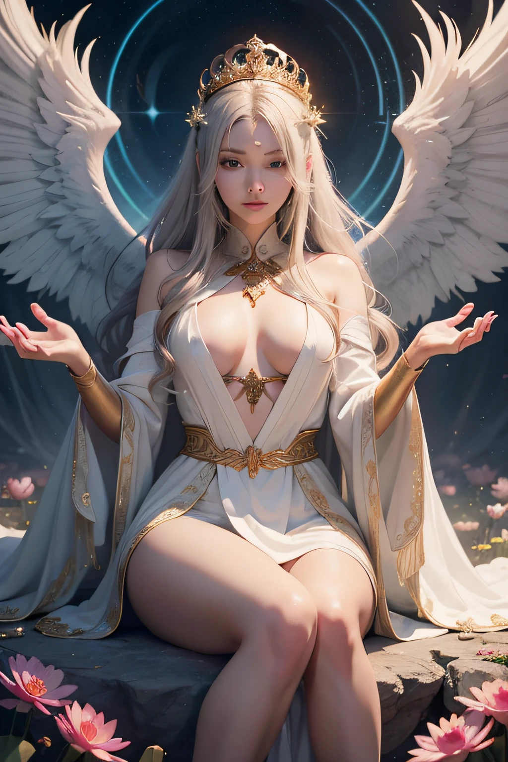beautiful girl, meditating, calm, small smile, relaxing, full lotus position, queen , power, angle, white wings, princess , a beautiful angel of light, a magical spirit of light, , wearing a shining white robe and golden armor, gentle eyes, beautiful eyes, Her divine power is also very powerful and is often used to protect and help those in need. Explore your creativity and depict this mysterious and fictional creature. Use vibrant colors, unique shapes, and fun textures to make your images unique and engaging. I am glad to see your artistic interpretation of the whole body, hot body,big breasts