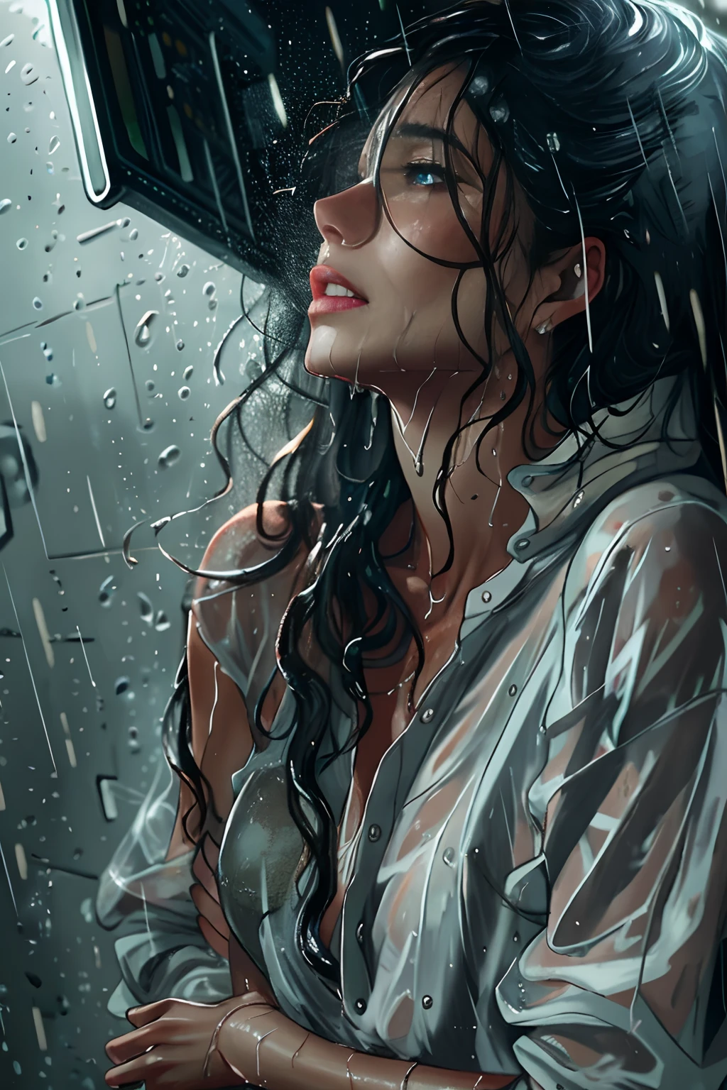 Feel the rain hitting your skin, Beautiful woman with moist skin, wet hairs, A lonely and desperate expression on her face