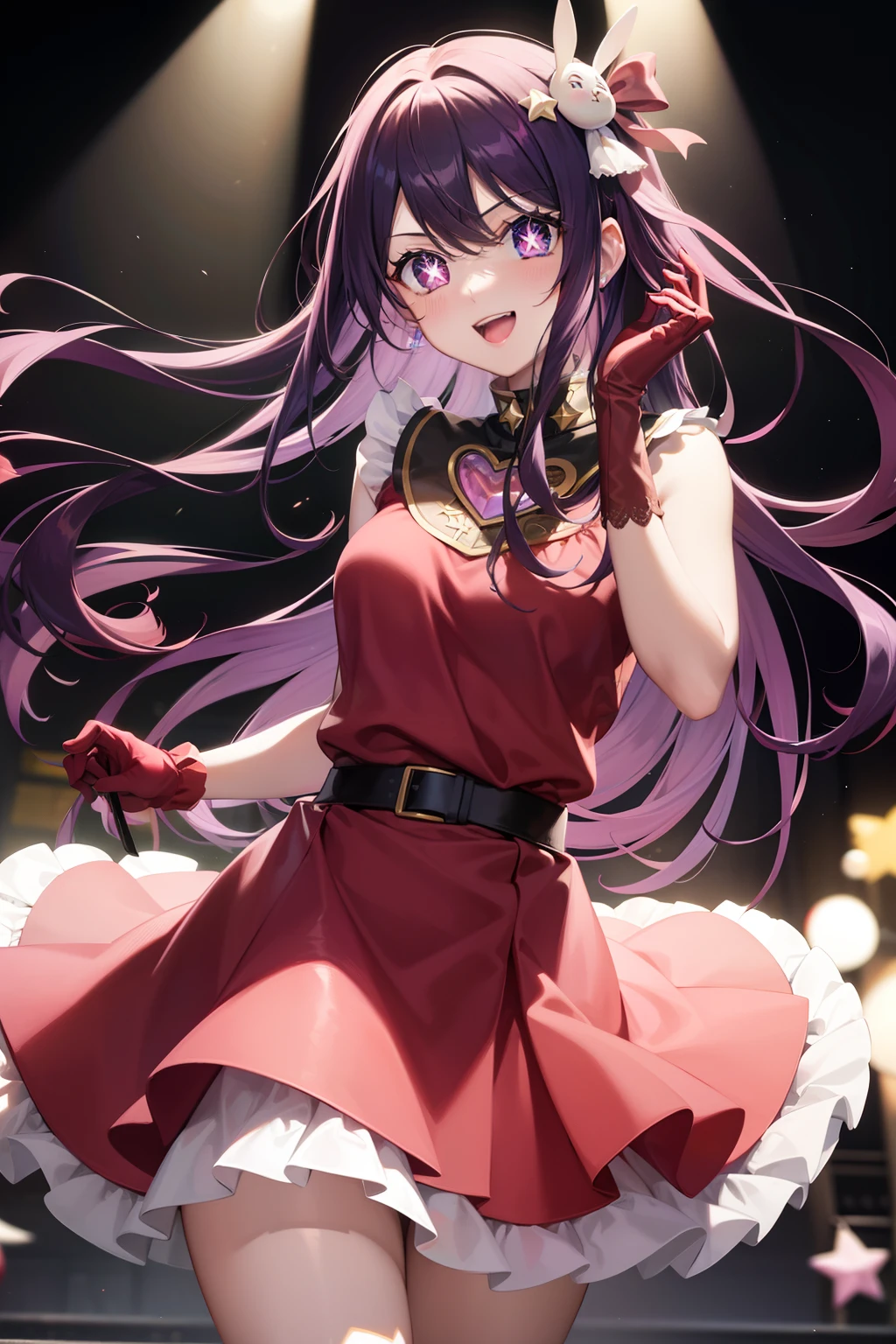 Ai Hoshino, Ai Hoshino, hair between eye, Hair Ornament, Hair Ribbon, Long hair, One side up, (Purple eyes:1.1), Purple hair, rabbit hair ornament, (star-shaped pupils:1.5), symbol-shaped pupils,Brake belt, Black belt, brooches, Dress, Pink dress, frilly dress, Ruffled gloves, frilld, gloves, heart brooch, Idol, Idol clothes, Jewelry, Pink gloves, Red Ribbon, bow ribbon, turtleneck dress,BREAK looking at viewer,Break indoors,BREAK (masutepiece:1.2), Best Quality, High resolution, Unity 8k壁纸, (Illustration:0.8), (Beautiful detailed eyes:1.6), extra detailed face, Perfect Lighting, extremely details CG, (Perfect hands, Perfect Anatomy),Smile with open mouth、Concert Venues、live house、stage、cowboy shot