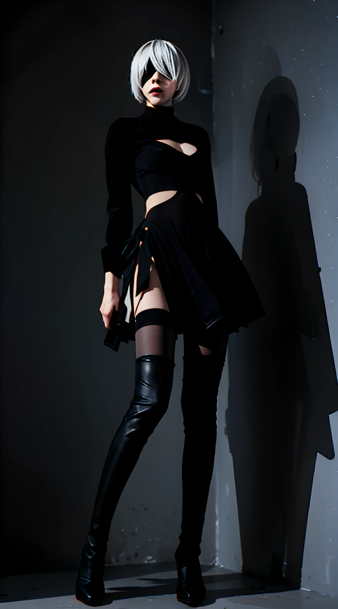 Best quality, masterpiece, ultra high res, (photorealistic: 1.4), raw photo, 1girl, sensual look, (((transparent and tight black lace sweater)), lewd and provocative attitude,((large breasts)),((Wide hips)), cold light, high quality