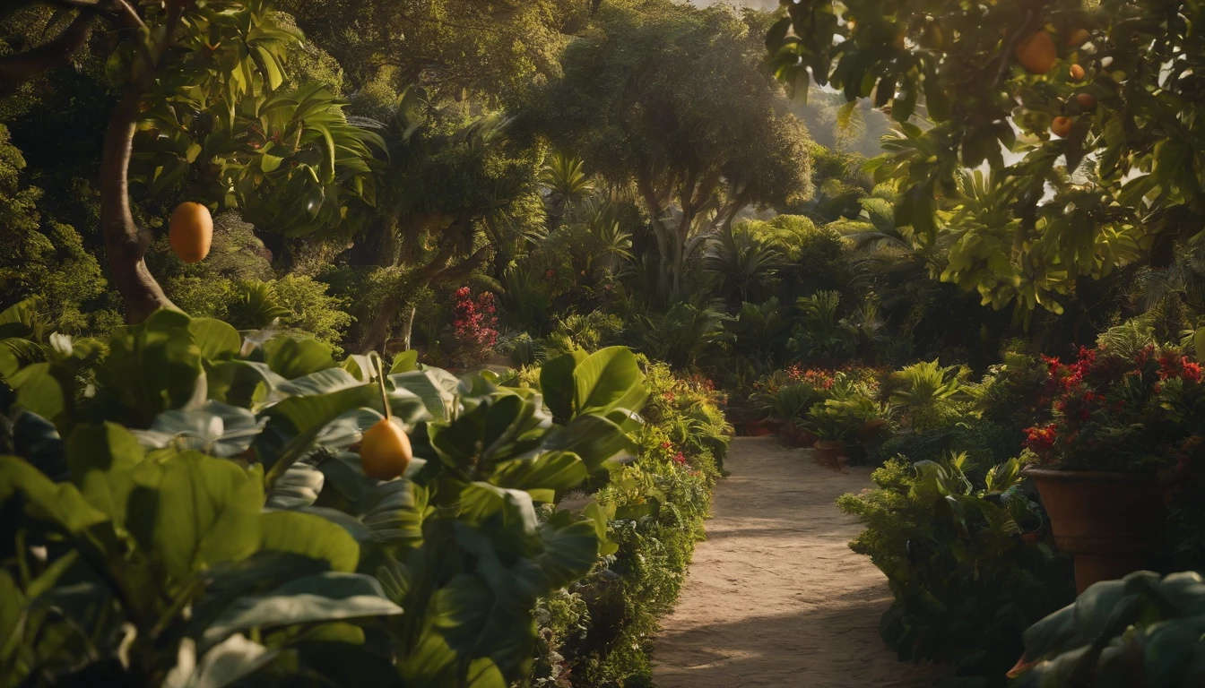 Image of a lush and paradisiacal garden, with fruit trees, flores e animais convivendo pacificamente
