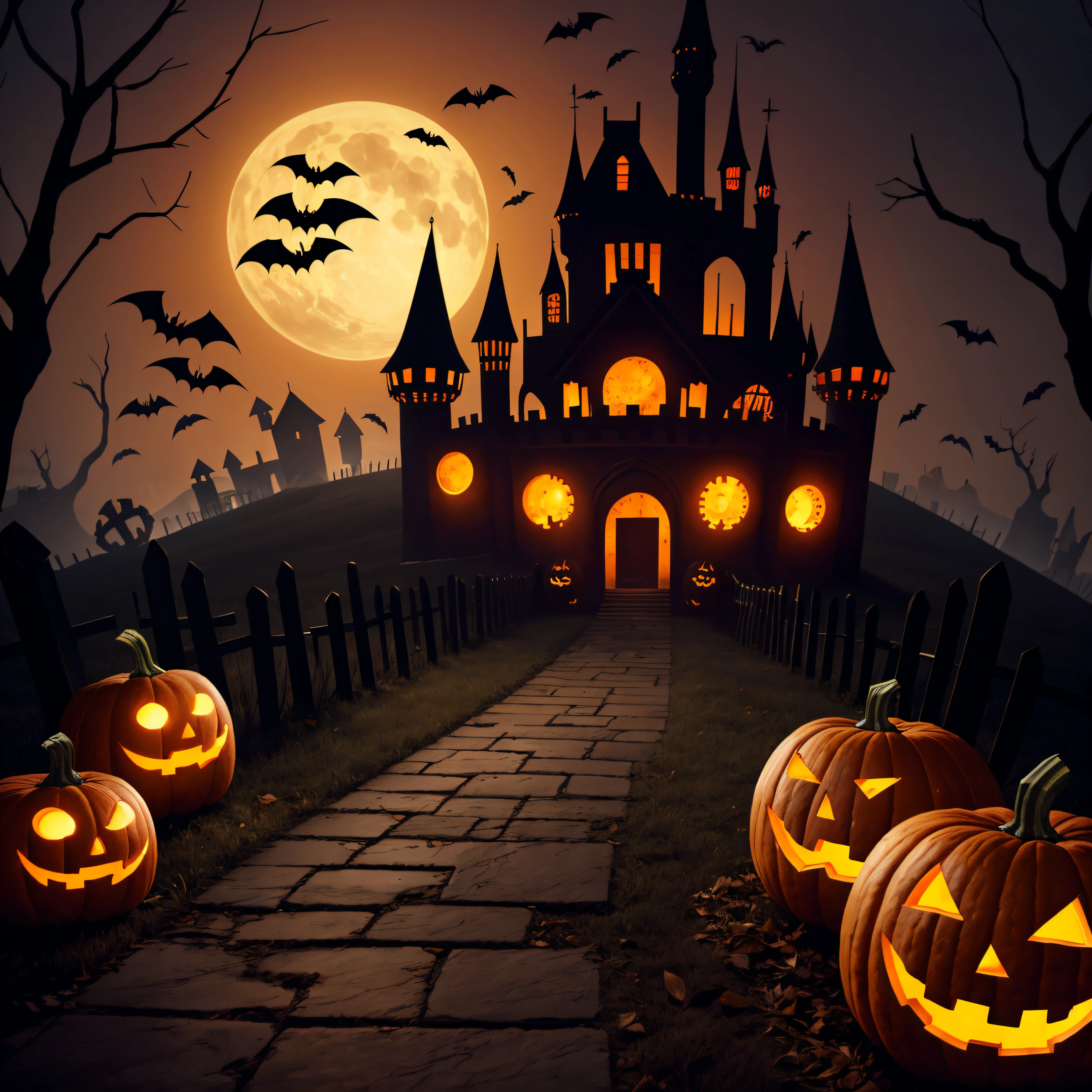 halloween pumpkin with spooky castle background and grave yard in front