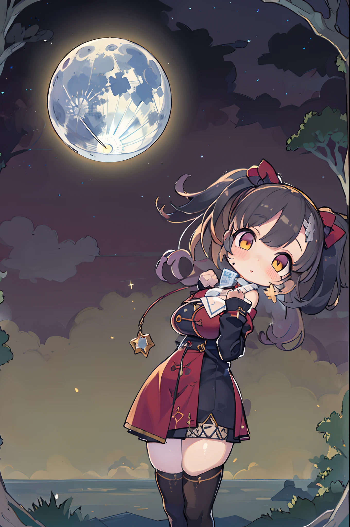girl, looking at you, Face, High quality, Radiant, natta, red velvet,under big full moon、Looking up at the moon、fullmoon、((((huge-breasted)))),Chibi
