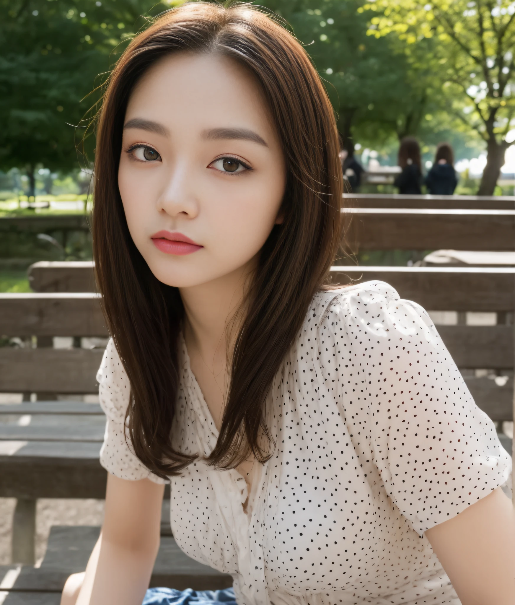 ((Day, Best Quality, 8K, Realistic)), Full Body: 1.4, Slender Abs: 1.2, ((Long dark brown hairstyle, Medium Breasts: 1.2)), (Polkadot dress: 1.1, Ice cream: 1.1, Sitting: 1.3), (Outdoor, Bench, Crowded park, Realistic seoul background: 1.1, Day lights: 1.2), Highly detailed face and skin texture, detailed eyes, double eyelids, full body camera view, pov camera view, 1 girl, solo, (Side face looking at the camera, Point of view: 1.1, Selfie: 1.2)