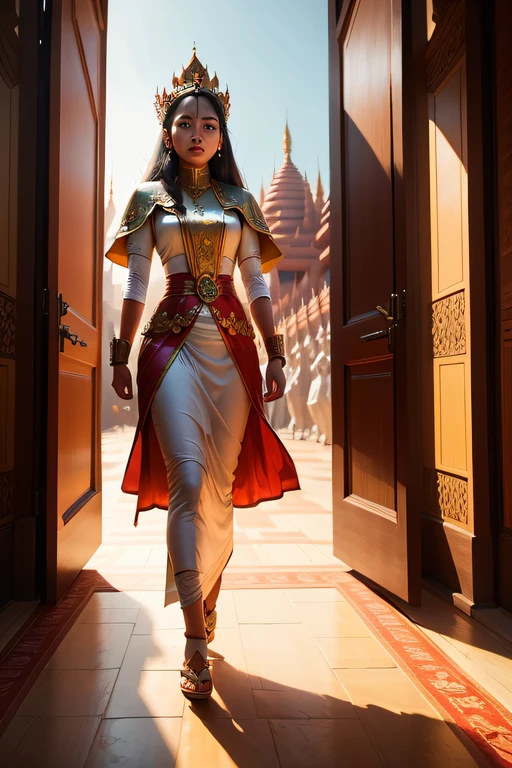 the queen of Myanmar Bagan, walking in the royal palace, realistic, photograph, details