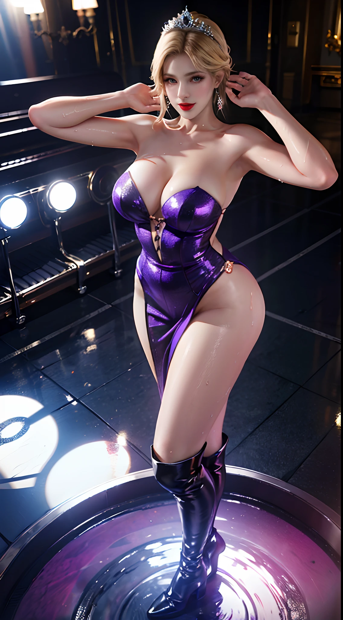 Blonde hair with tiara,Ultra realistic 8K, flawless,(Red Lip,Heavy makeup), Big breasts:1.0,Earring、(very wet hair and skin):1.4、singing in the concert hall、Nikon Z 85mm, ((Best Quality)) ,((masterpiece)), intricate detailes,Photorealistic、Extremely delicate and beautiful, ((Purple Sexy dress)):1.0、（strapless red Long boots with high pin heel）:1.2、Full body shot:1.2、Sexy smile,shot from above
