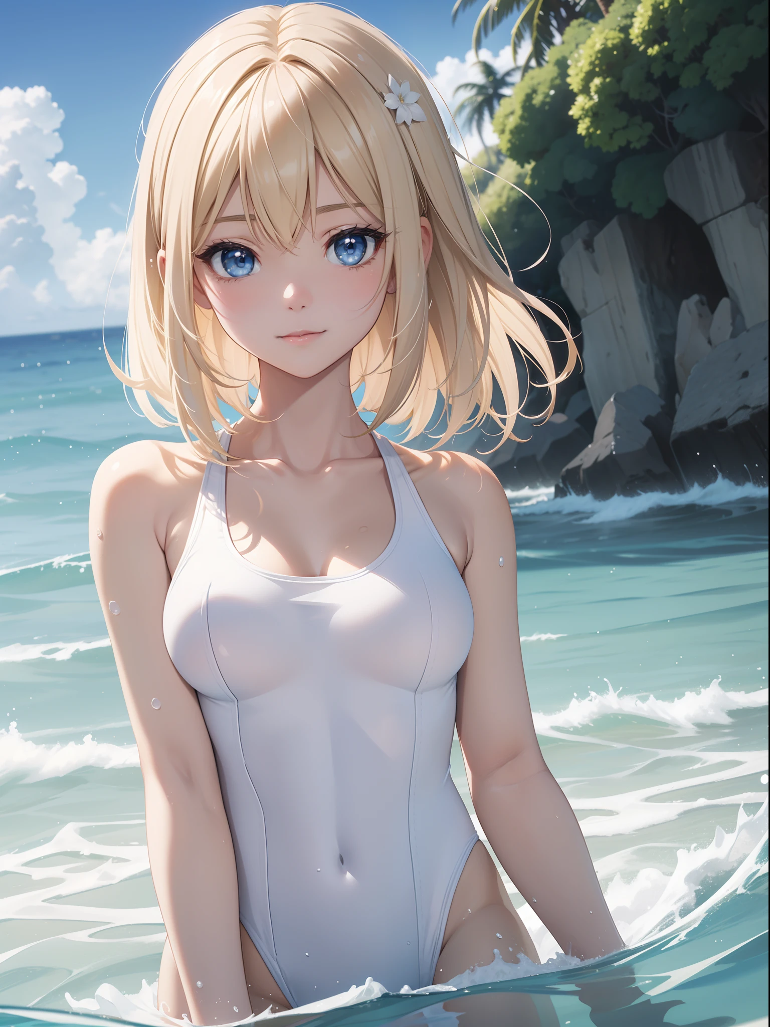 Official art、Top quality ultra-detailed CG art、a beauty girl：１.２）、a blond、Glossy hair、smooth hair、large blue eyes,Mid summer、kawaii、The sky is beautiful、White competitive swimsuit、Smooth clothes、ssmile、It features a simple、Naked、short-haired、Pupils、In the water