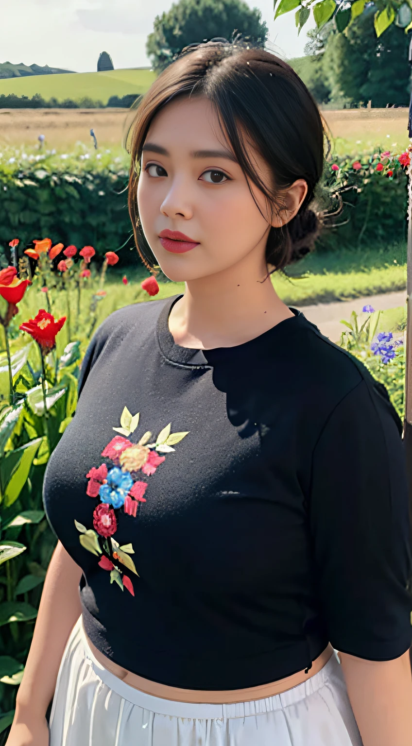 1 girl, Obese body, generous dimensions, face round, double chin, Overweight,Short hair tied up ,Crewneck dress，Printed with red and blue flowers ，navel，Put her weight on her chest，looks into camera，Rural fields