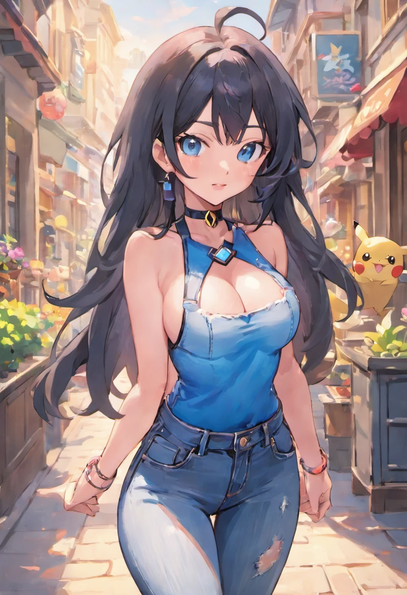 best beautiful woman,HDR: with 8K and 4K quality,1girl, long shine black hairs, blue eyes, wearing denim dark bule shirt, denim light jeans,choker necklace,city, perfect hands and legs, cute chest,cute breast, fullface, cute face, light pink lips, shy girl absurdes,high res, ultrashrap, 8k, masterpiece looking at viewer.