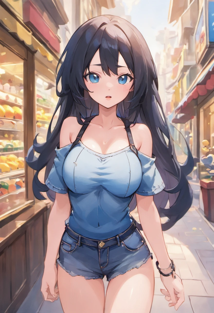 cute little sophie (messy bun hair and blue eyes), huge smile, wearing virgin killer sweater, deep_scoop_neck, huge breasts, naked underneath, facing away from camera, leaning forward onto shelves, on tiptoes, sweater up (showing bum:1.3), supermarket