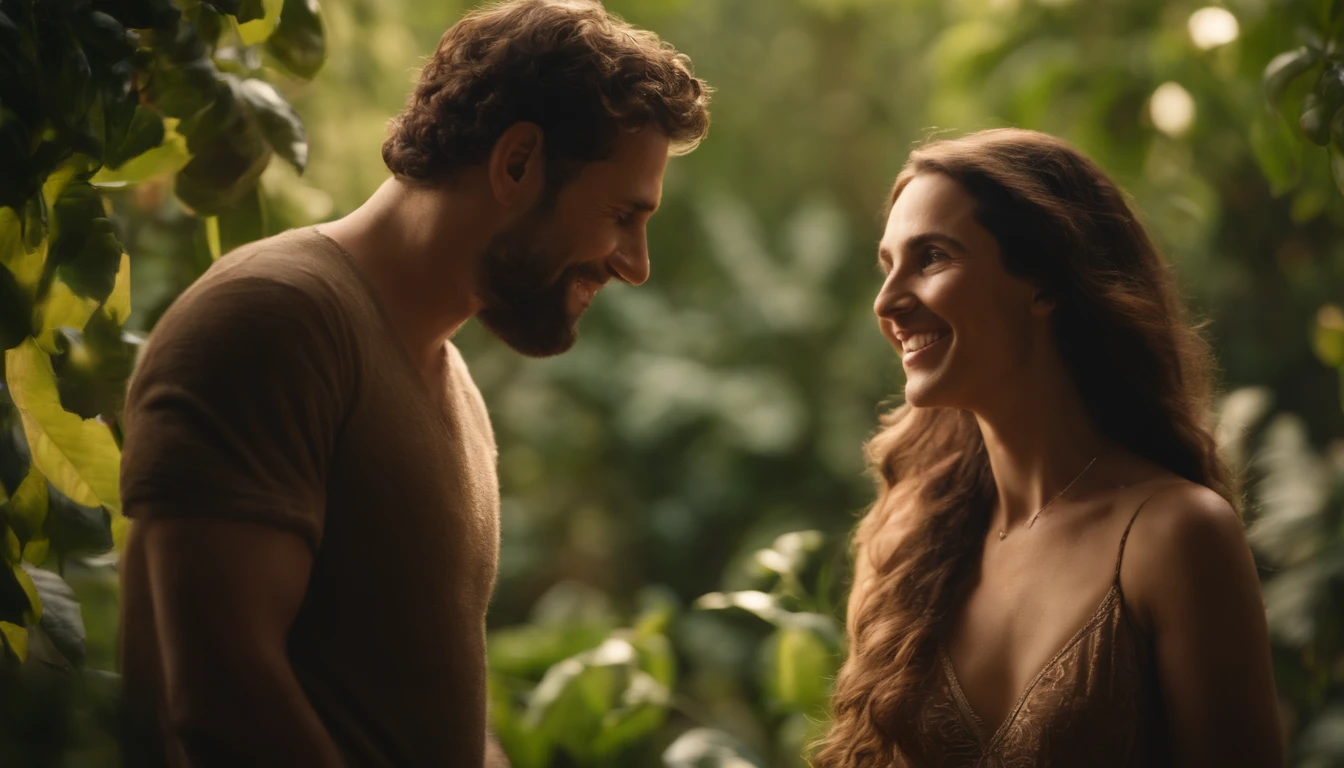 Portrait of Adam and Eve with happy expressions, enjoying the beauty of the Garden of Eden.