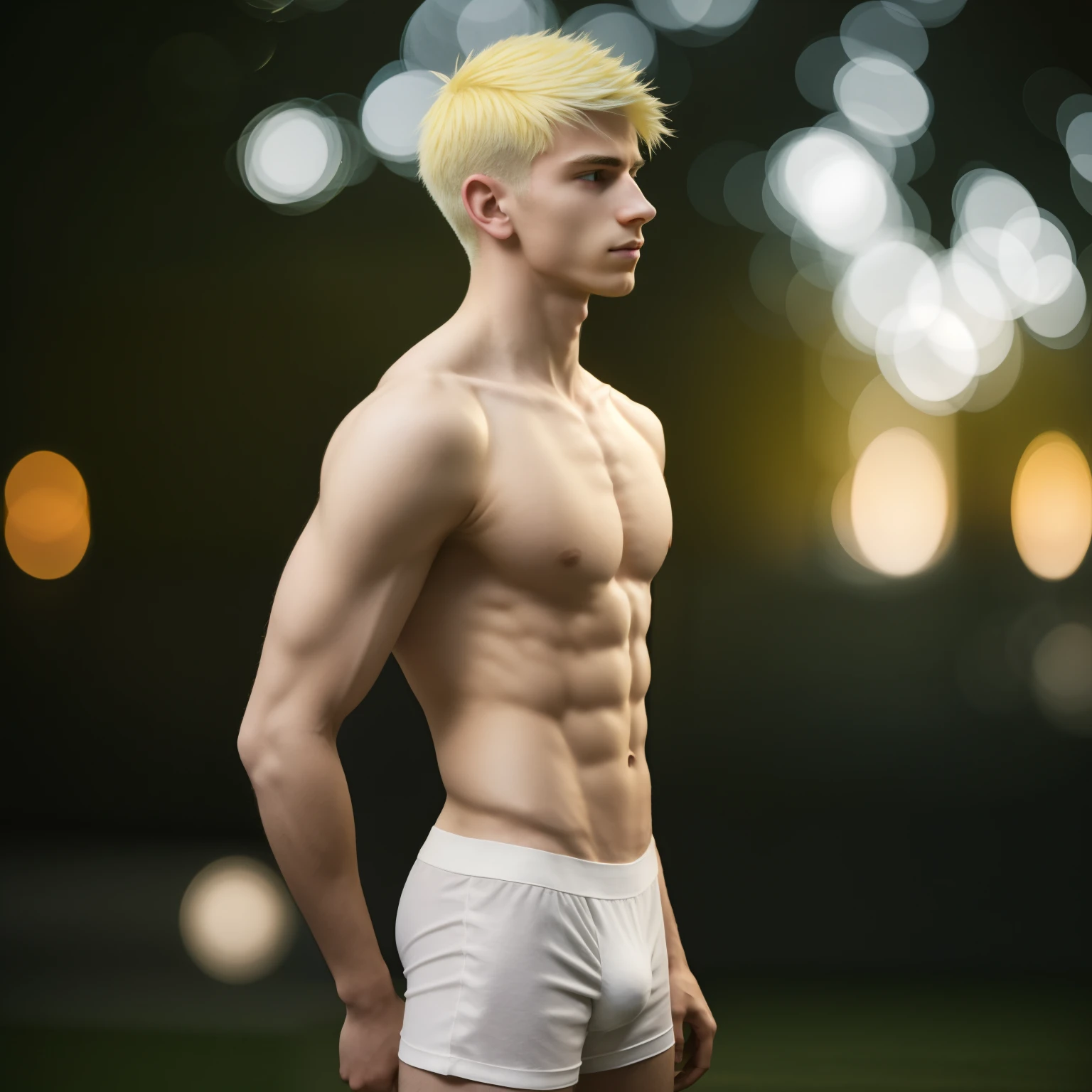 male posing, (skinny body), 16yomospheric, cute masculine square face, white yellow hair, dead inside, bokeh, background blur, chromatic aberration, tight boxerbriefs, veined body, full body view, front view, (side view)