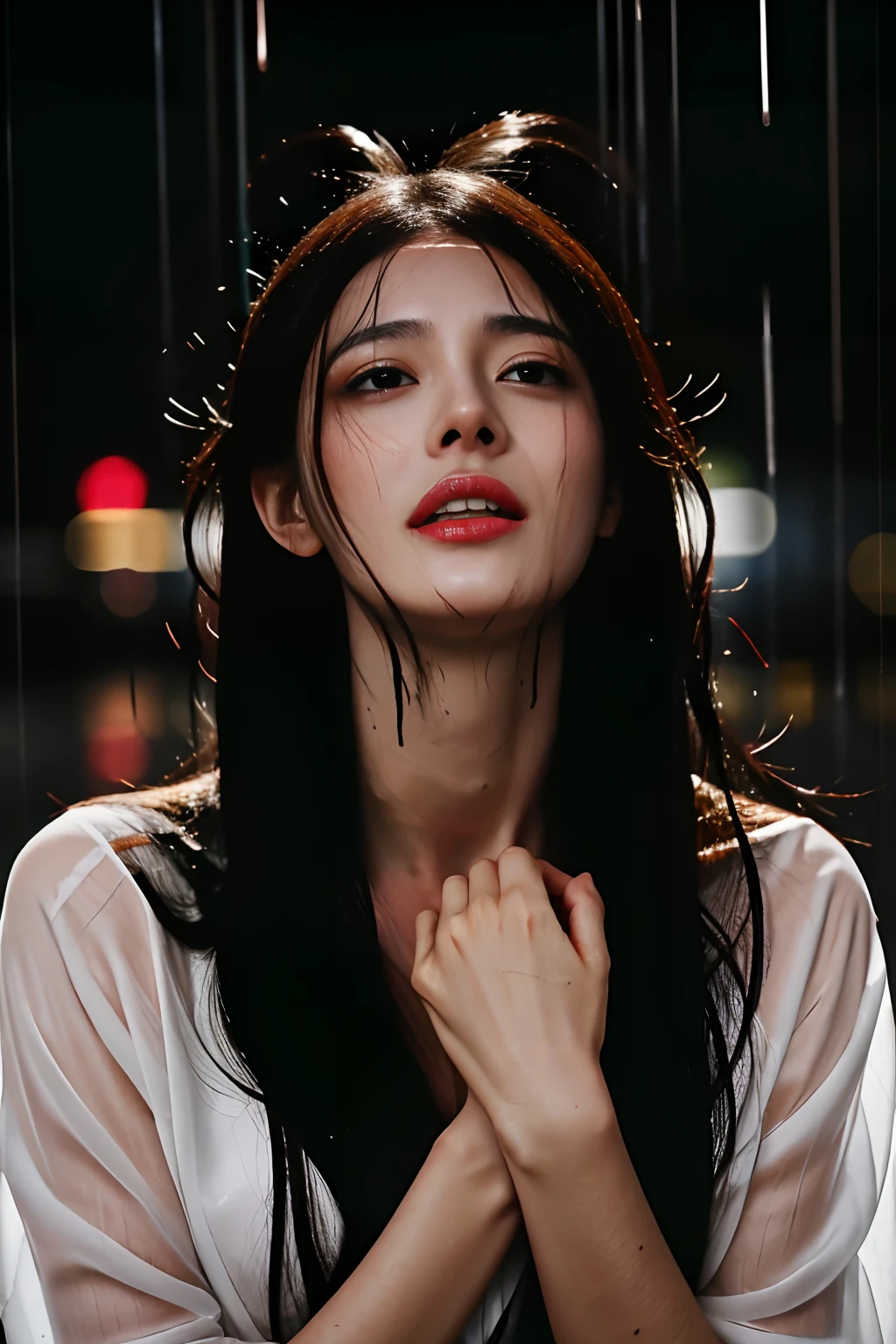 Feel the rain hitting your skin, Beautiful woman with moist skin, wet hairs, She had a lonely and desperate expression on her face