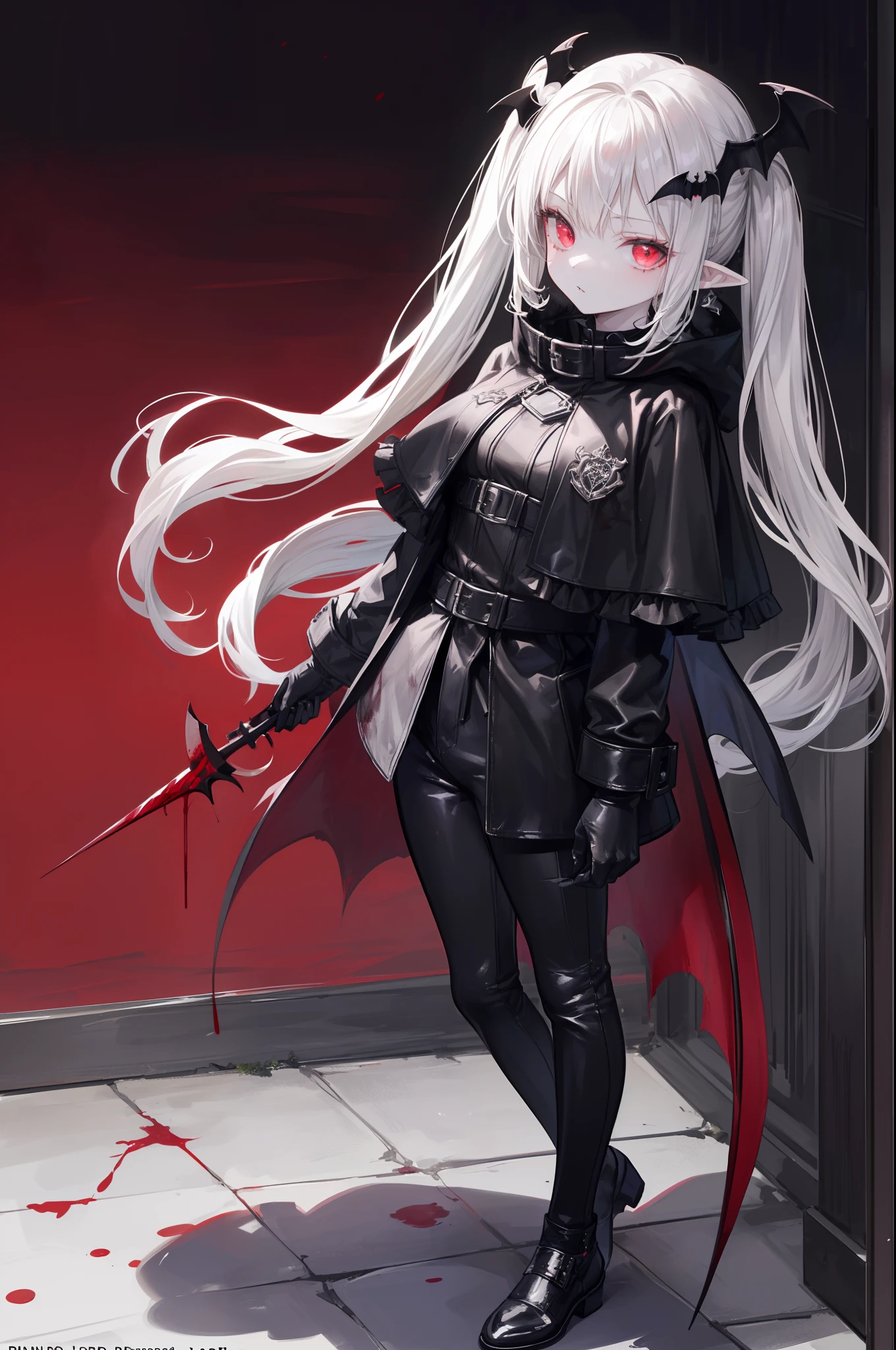 ((masterpiece, best quality, extremely detailed CG, unity 8k wallpaper,anatomically correct,ultra resolution)),Award-winning photography,(best illumination,Very Delicate and Beautiful),(one girl,solo,:1.5),(Vampire:1.45),silver hair,(twintails:1.2),(glowing red eyes:1.25),(pale skin:1.45),(extremely beautiful and detailed face:1.2), (extremely beautiful and detailed eyes:1.2),perfect hands,delicate legs,((bat hair ornament)),(fashion style,death atmosphere),pointy ears,skinny,((black leather long coat:1.4, ,black leather pants:1.2,black capelet,black leather shoes,black leather gloves,poped collar)),looking at viewer,menacing,(holding dagger:1.3),head tilt,dark persona,evil,(cute:1.5),((night, dark atmosphere, dark theme, darkness:1.5,dynamic angle)),dramatic shadows,(dimly lit:1.5),blood on face,blood on floor, blood on walls,(blood mist,blood splash:1.4),depth of field,(devil city:1.3),hell flames,(perfect human body structure with maximum precision)