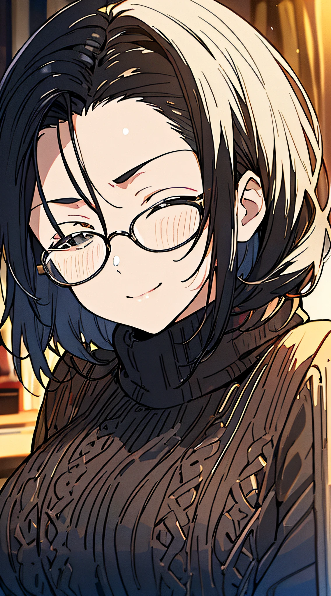 (best quality,ultra-detailed:1.37), portrait, warm lighting, close-up shot, mature female, (black sweater:1.26), large breasts, cozy room, short, black hair, (slicked back hair:1.33), glasses, tired, closed eyes, closed-mouth smile, endearing smile, (warm light:1.31), slight worry