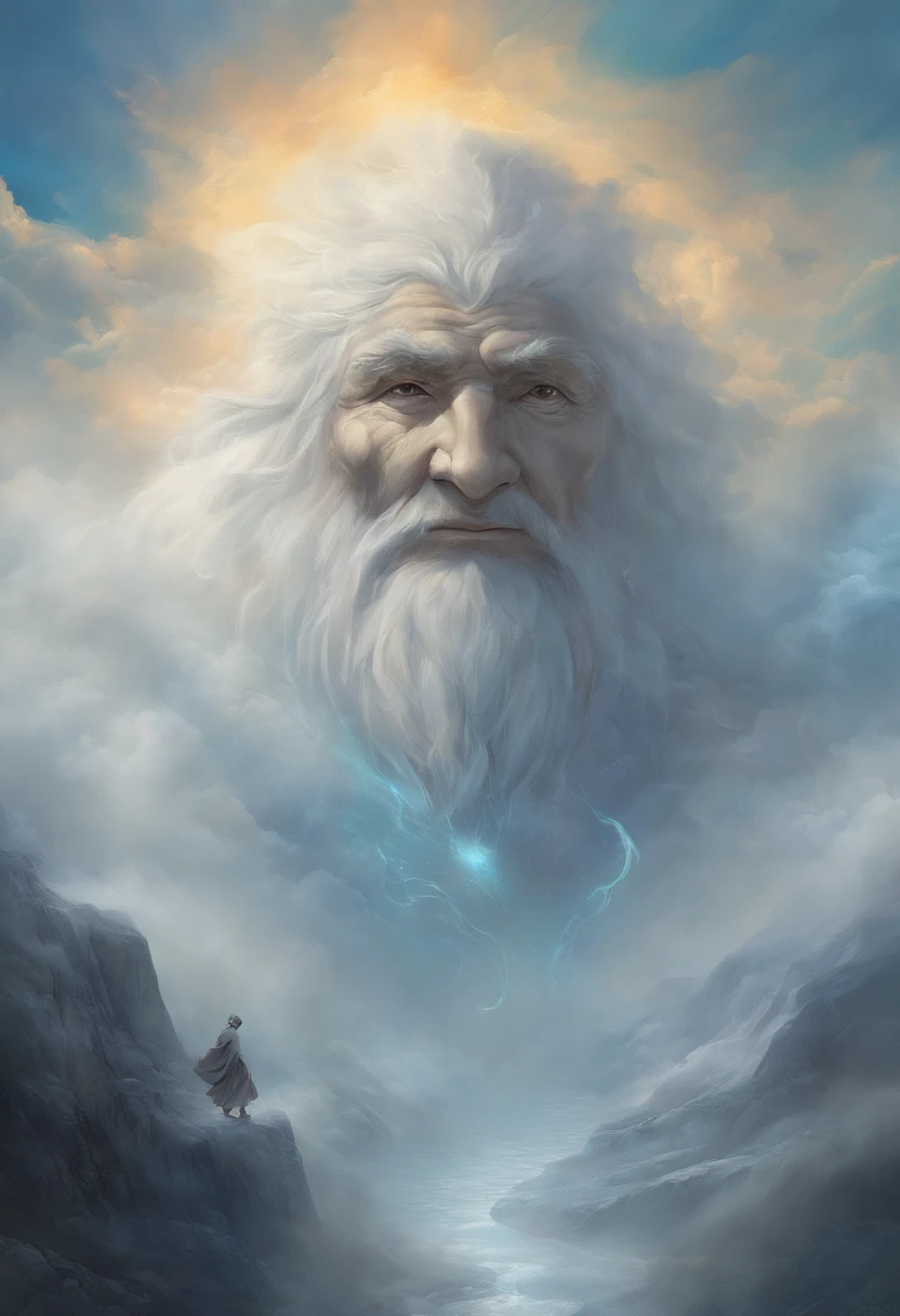 The prompt for the painting of an elderly face surrounded by clouds, the Antarctic Immortal, a fantasy artwork, meticulously crafted, becoming a masterpiece, created with high resolution by Hans, and made from mist, is:
"Antarctic Immortal: cloudy elderly face (best quality, high-res, masterpiece:1.2), Hans's creation, fantasy artwork, meticulously crafted, made from mist"