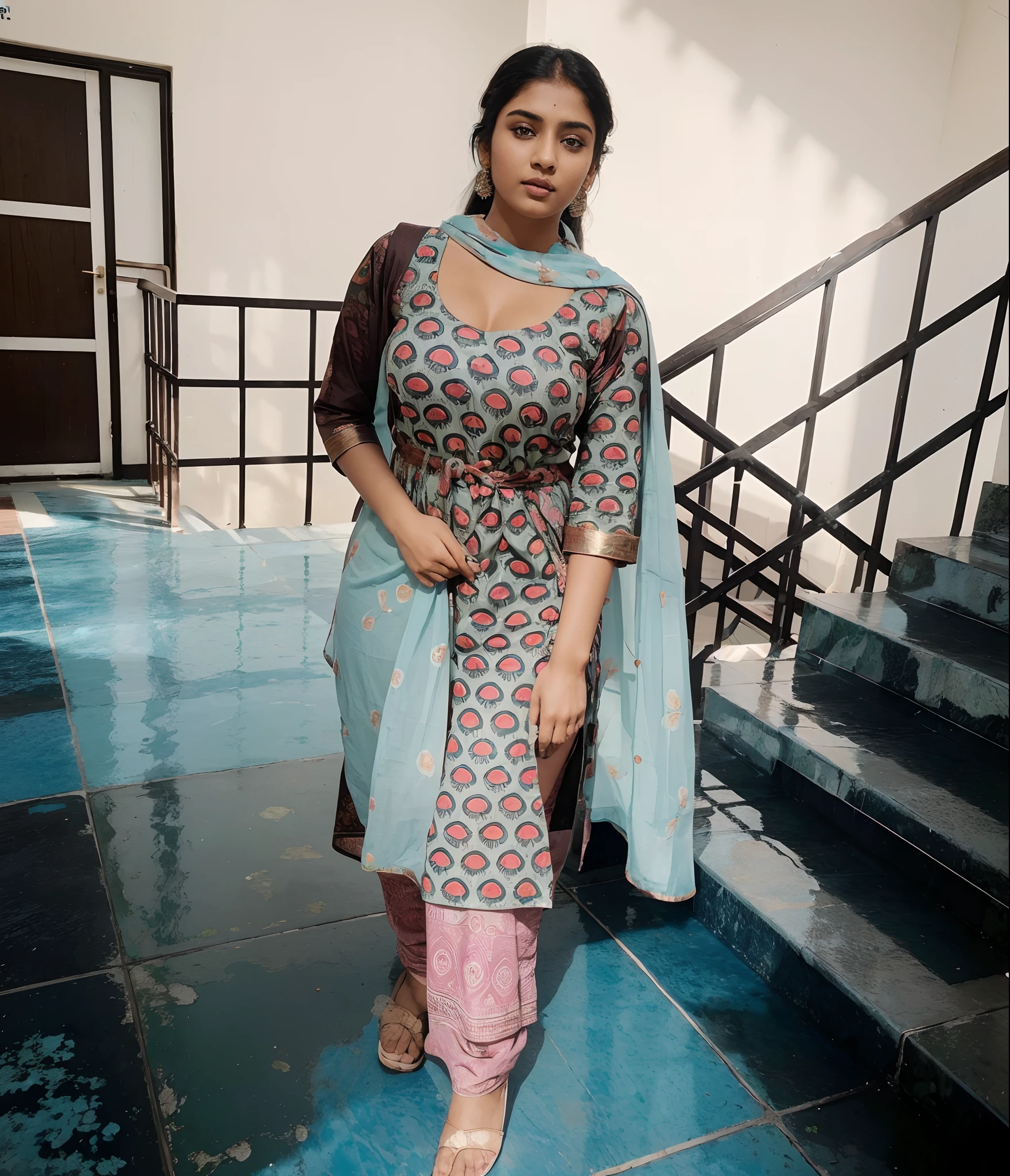 ((Masterpiece)), ((8k)),((ultra-high resolution)), Indian girl, thick figure, perfect face,skinny waist and thick hips,fair skin, wearing printed kurta and salwar,cheap surrounding,