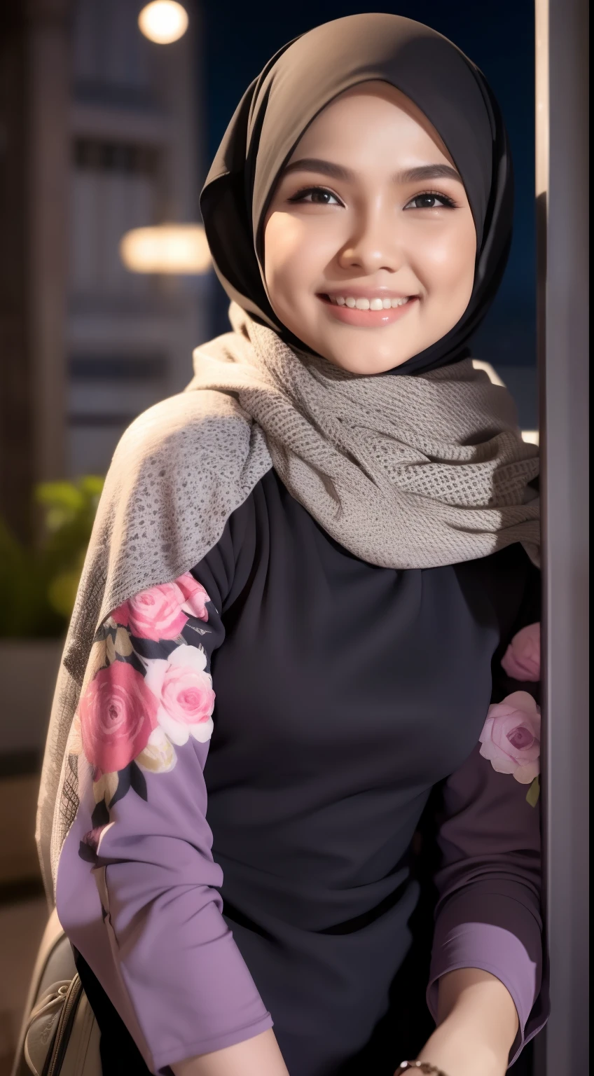 Malay girl in hijab wear small floral black baju kurung malaysia in college, wear back pack, front view, detail skin, detail skin texture, mole below eyes, small breast, big hip, big waist, big thigh, slim abs, beautiful body, nighttime, laughing, happy, bright lighting, college student in background, crowded college, blur background, bokeh,