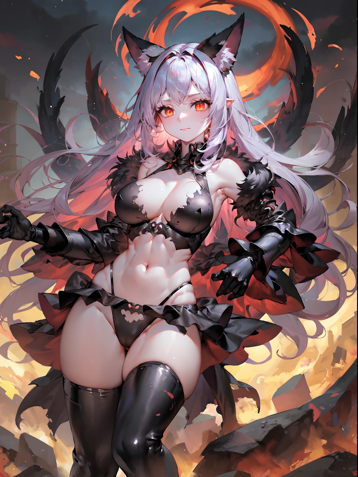 Hell, Cerberus girl, Muscles, flames, fire, huge thighs, abs, uncovered navel, fur arms, glowing eyes, 1girl