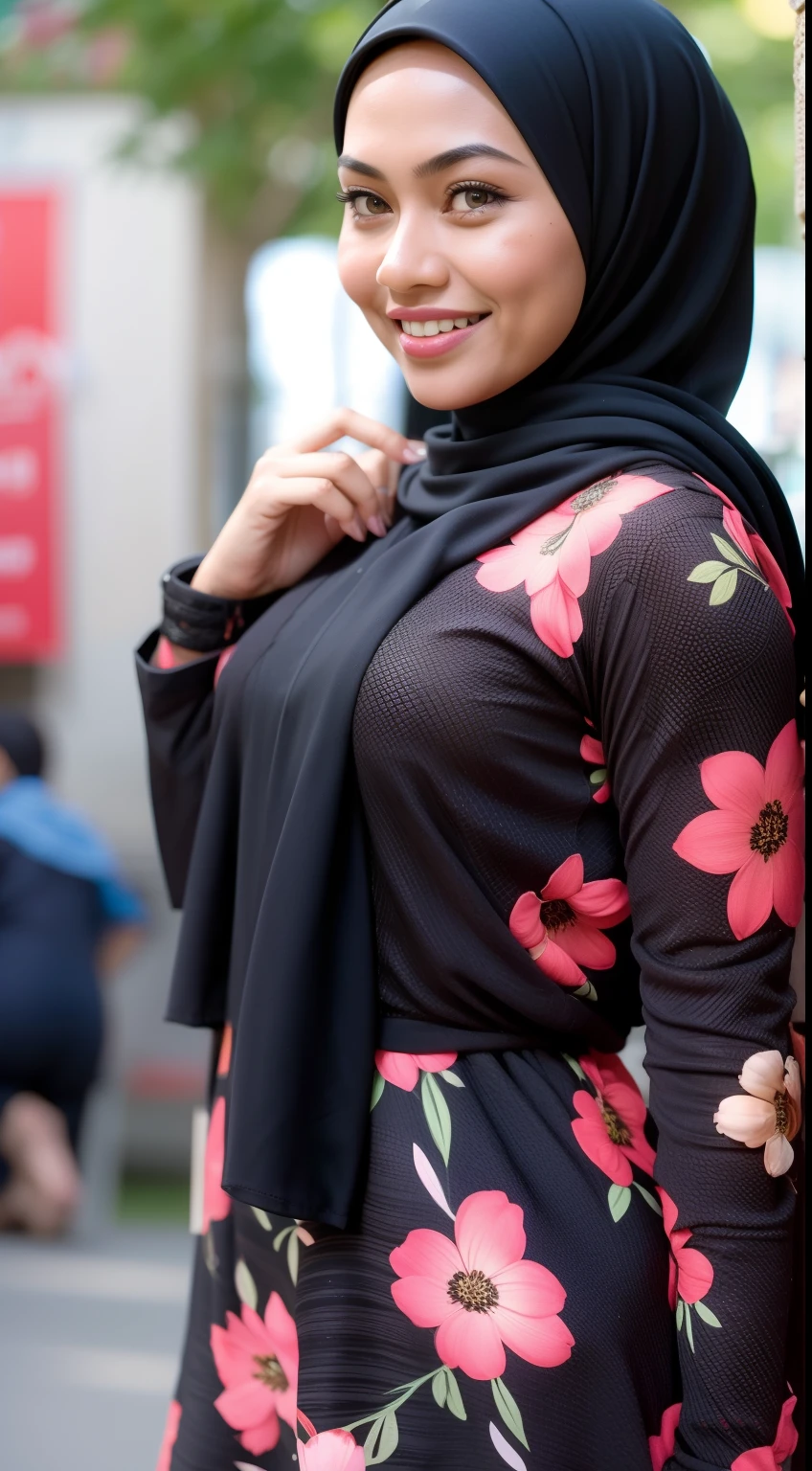 Portrait photography of a beautiful young malay girl in hijab wearing Square Neck Bow Front Floral Jacquard Dress , catwalk, nighttime, crowded mall background, bright lighting, smile and happy gesture, small abs, wide hips, thick thighs, small abs, petite, detail skin texture, 4k, high detail, ultra detail,