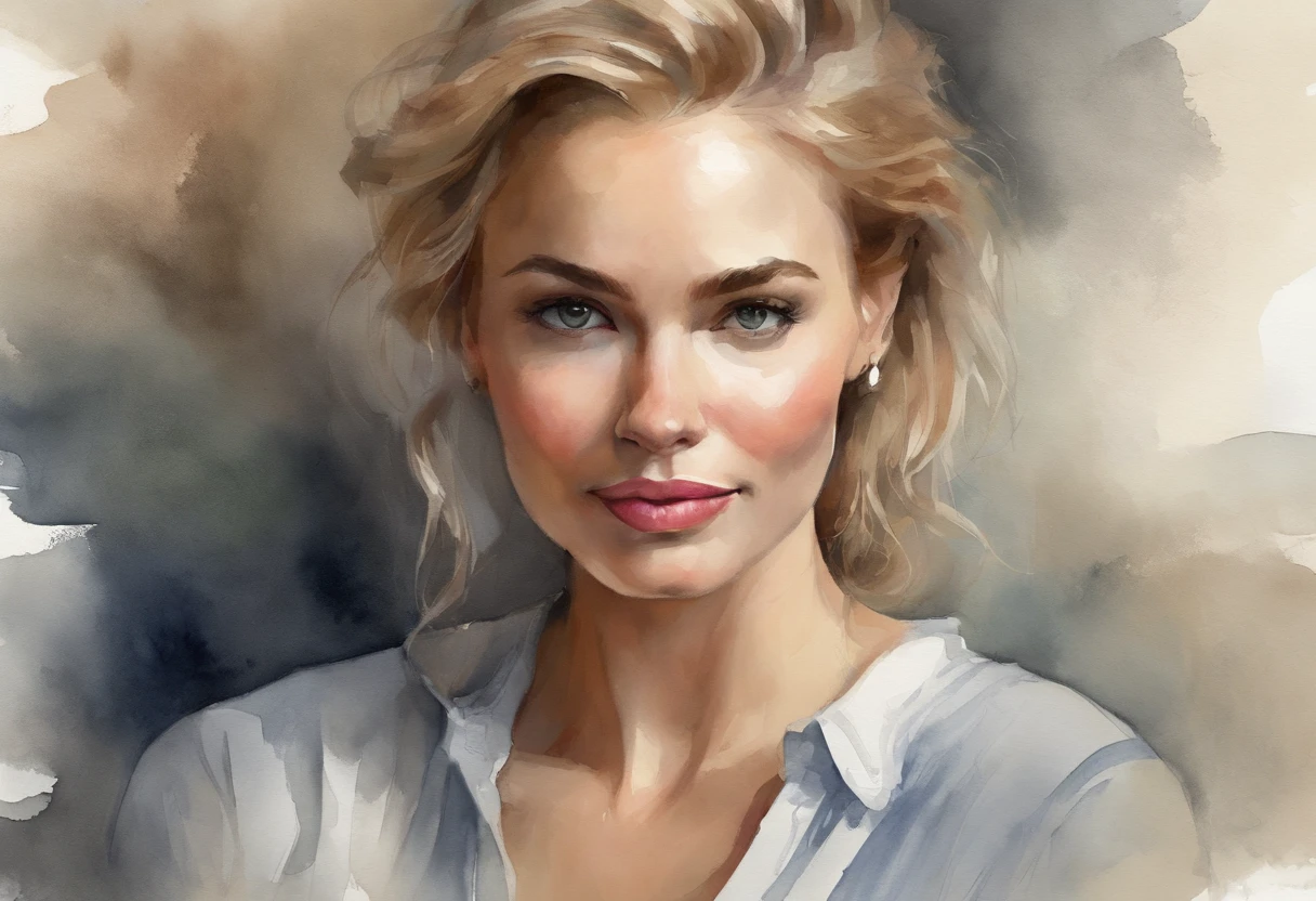professional, (4k photo:1.1) by (Jeremy Lipking:0.3), (Dittmann Anna:0.3), (Arian Mark:0.3), (Sharp focus:1.3), high detail, wearing (tight shirt:1.2), beautiful detailed face, hazel eyes, short blonde hair, (attractive young woman:1.3), (seductive:1.1), (blushing:1.1), hourglass body shape, natural breasts, wide hips