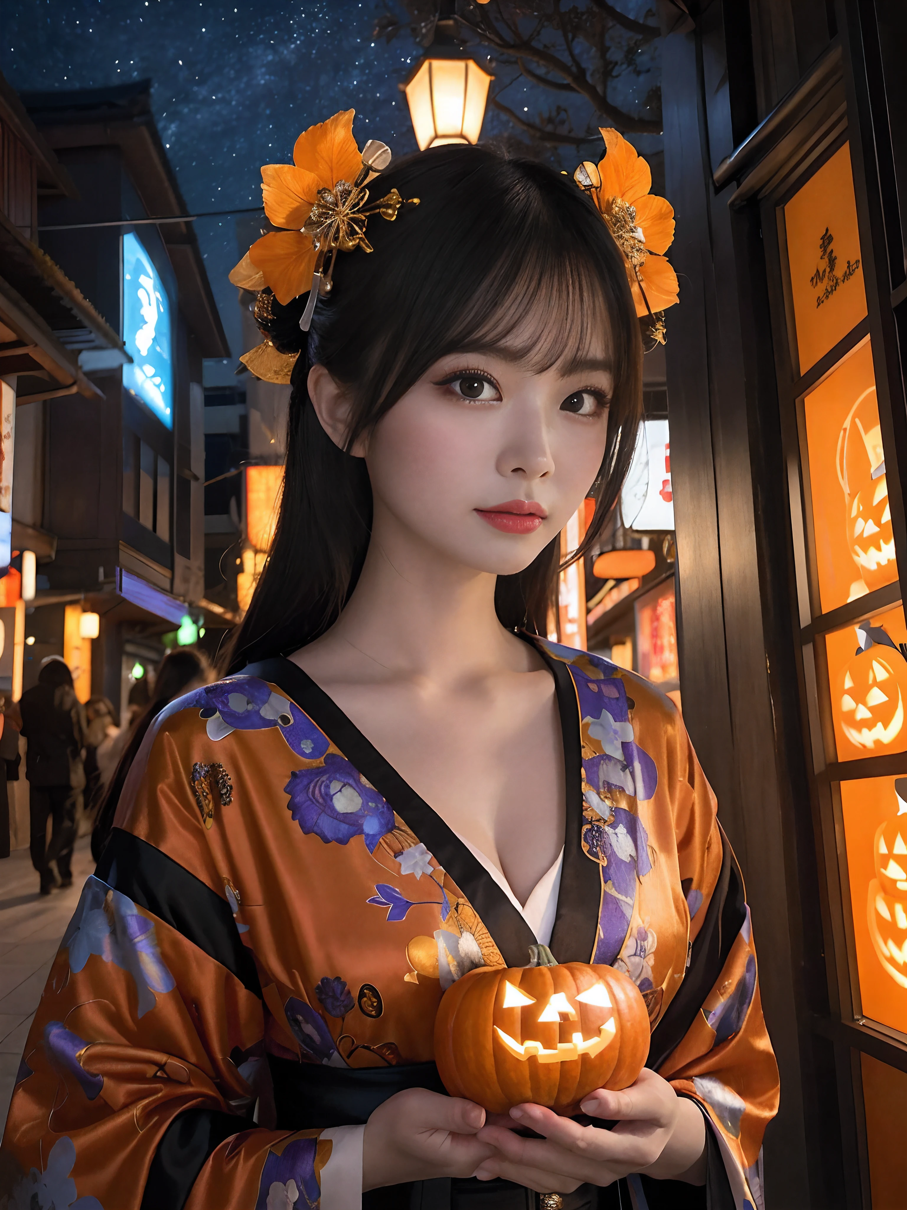 In a futuristic scene, Geisha in Japan with mechanical reinforcement、Elegant in elaborate gardens. She has beautifully detailed eyes and lips that complement her face. Geishas wear traditional kimonos with intricate patterns and designs. Night city and Halloween decorations around her. The scene is painted with a blend of illustration and photorealism, Ultra-detailed brush strokes and clarity, Vivid colors. Lighting emphasizes the elegant features of the geisha, Gives her porcelain skin a soft glow. Artwork is of the highest quality, 4K or 8K resolution, Showcase the intricate details of geisha attire, nightcity、Halloween. The overall color scheme is、It is a combination of traditional shades of Japan, Crimson, etc., blacks, and subtle gold accents, With a futuristic twist. The fusion of ancient traditions and modern technology is、Create captivating and visually striking masterpieces.Halloween、Halloween、pumpkins、Background Halloween