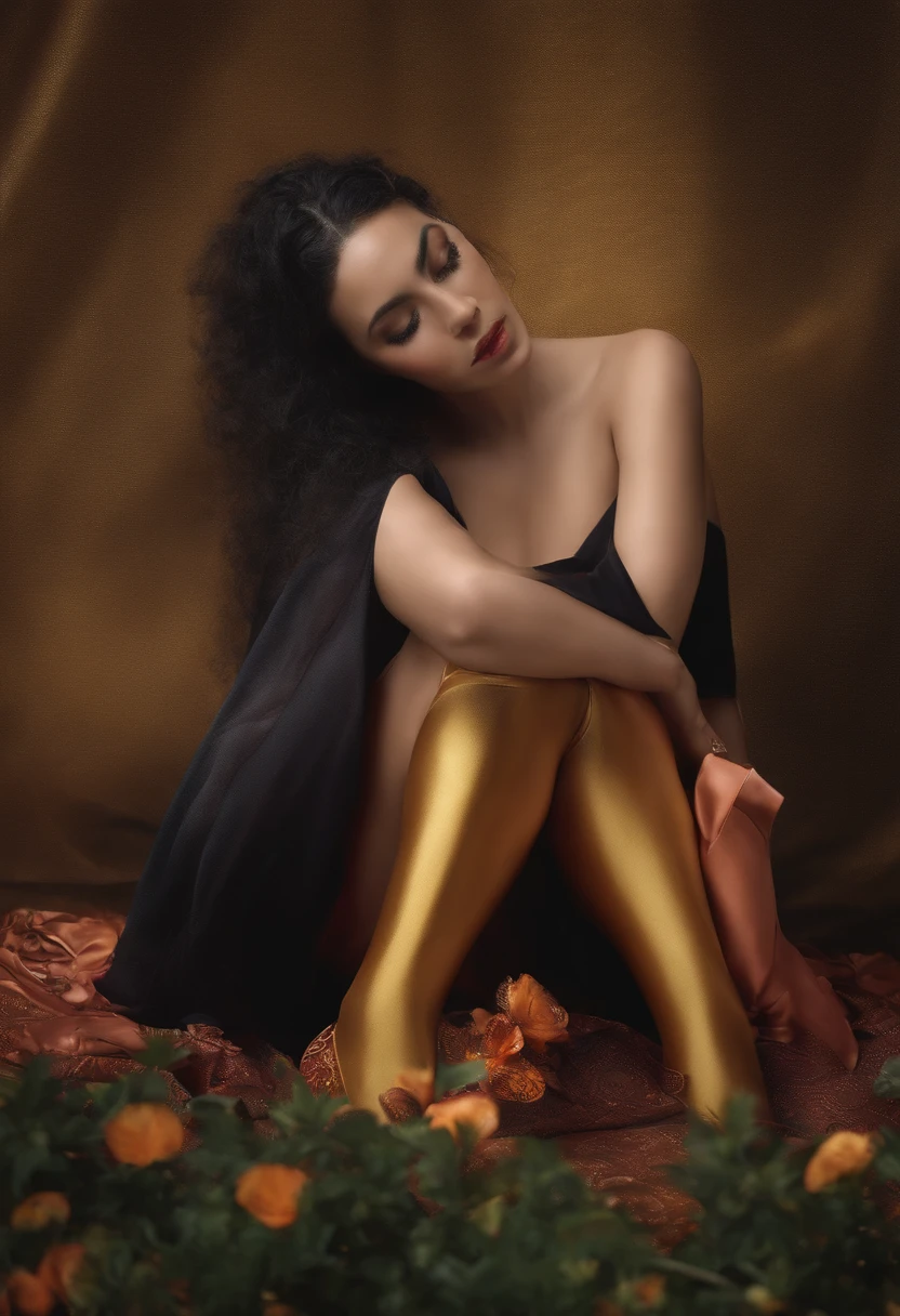 The woman wears tights,The tights are wrapped from head to toe,Wrapping your face around you can't see it has nothing to do,Wrap your hands around