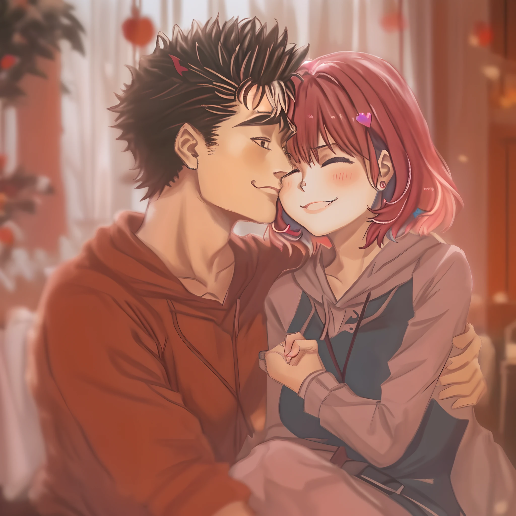 riamu,guts,couple,husband and wife,love dovey couple,sitting,hug,kiss,smile,(best quality,4k,8k,highres,masterpiece:1.2),ultra-detailed,(r1.37),portraits,vivid colors,warm tones,soft lighting