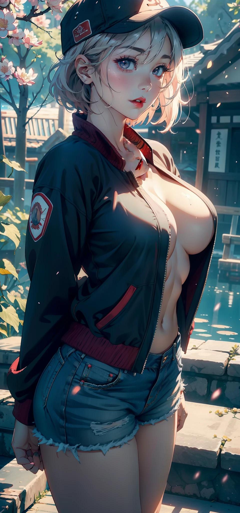 1female,35yo,plumw,extremely large bosom, 独奏,(Background with:ponds,Cherry blossom forest,lotus flower)Lie underwater, She has short pink hair,standing on your feet,seen from the front,, mostly cloudy sky,(((tmasterpiece),(Very detailed CG unity 8K wallpaper),best qualtiy,cinmatic lighting,detailed back ground,beatiful detailed eyes,Bright pupils,Black eyes,Snow-whiteskin,Redlip(Very fine and beautiful),(Beautiful and detailed eye description),ultra - detailed,tmasterpiece,))facing at camera,A high resolution,ultra - detailed),revealing breasts,Bare genitalia, Bulge,legs are open,Raised sexy,Camel toes,Flushed complexion,Desire for dissatisfaction,frontage,(Wearing:baseball cap,Red baseball jacket,Sexy denim shorts)