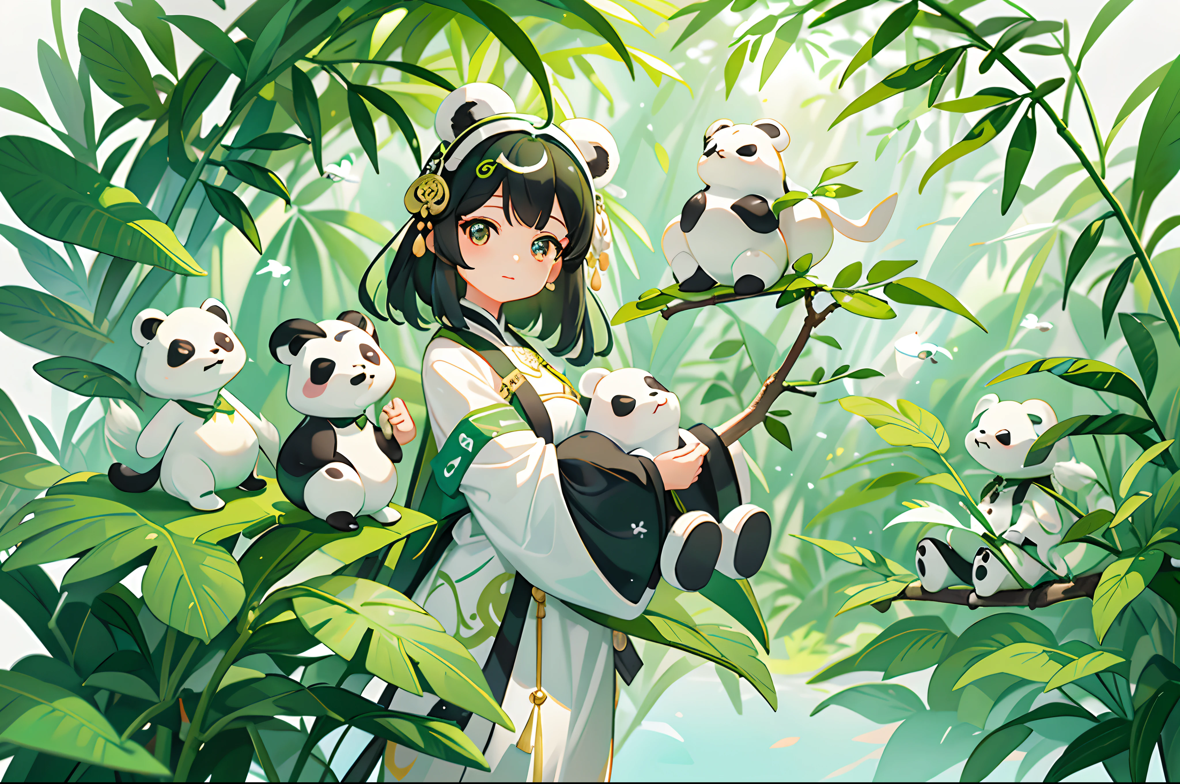 white backgrounid,Under bamboo leaves, The panda sits on a branch,(bit girl:1.5),green and white clothes,big beatiful eyes,detailed face with,Flashy clothes,Ethereal panda,Chinese Panda,Dreamy,Onmyoji detailed art,A beautiful artwork illustration,mythological creatures,pandas,Beautiful digital artwork