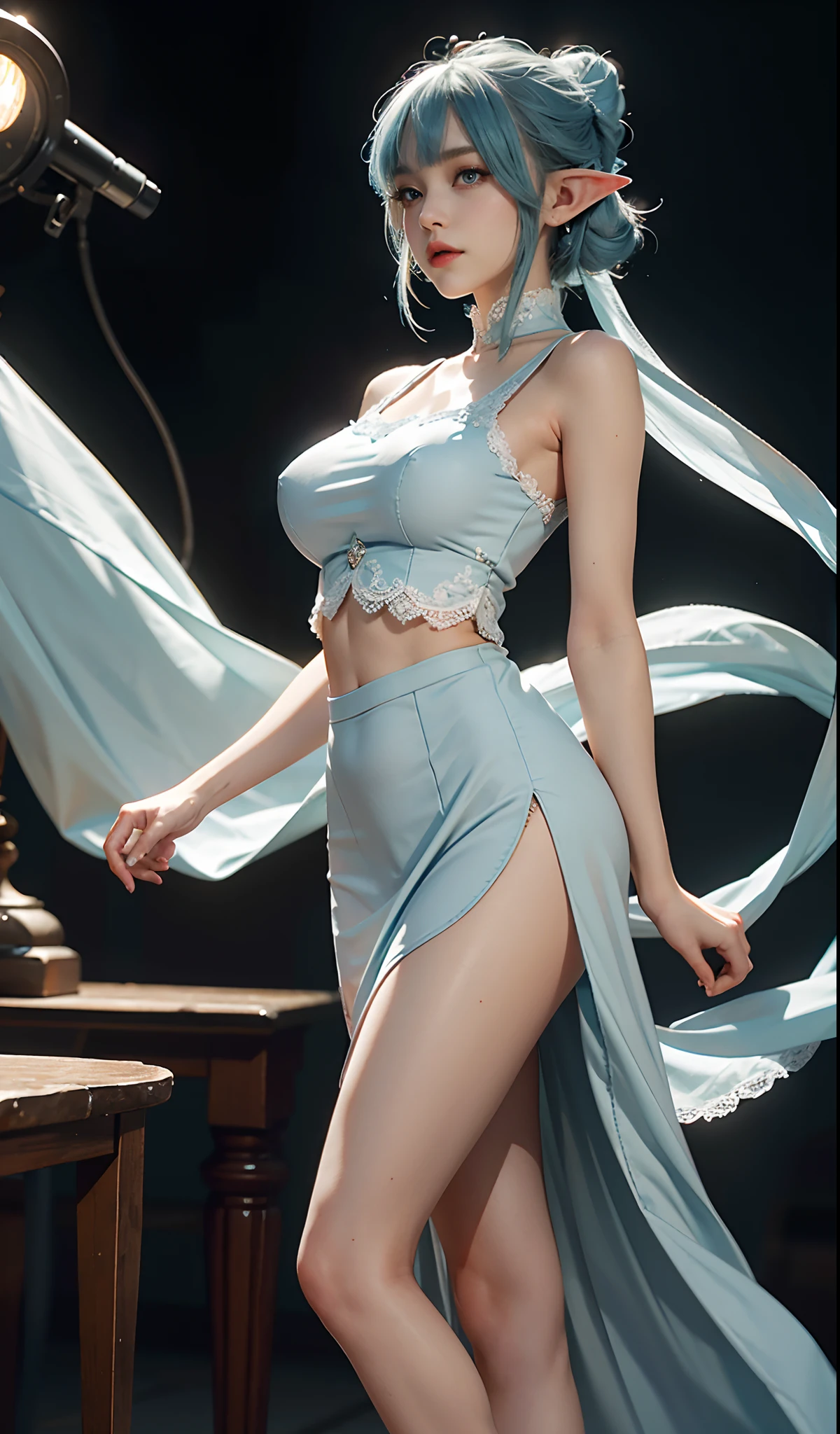 （Extremely normal body：2.0）Stage，spotlight lights：1 Elf beauty，White crop top top，(Elf long ears)，Light blue ultra-short hair，A bun，Blue-lace-trimmed maxi dress)，Long blue dress，Skirt that reaches the feet，White short stockings，Mary Jane low heels，two longer legs，Normal feet ， very detailed eyes and faces， Sharp pupils， realistic pupil， tack sharp focus， cinmatic lighting，full bodyesbian，Bigboobs，long leges，From the front side，dynamicposes，Normal posture，closeup of face