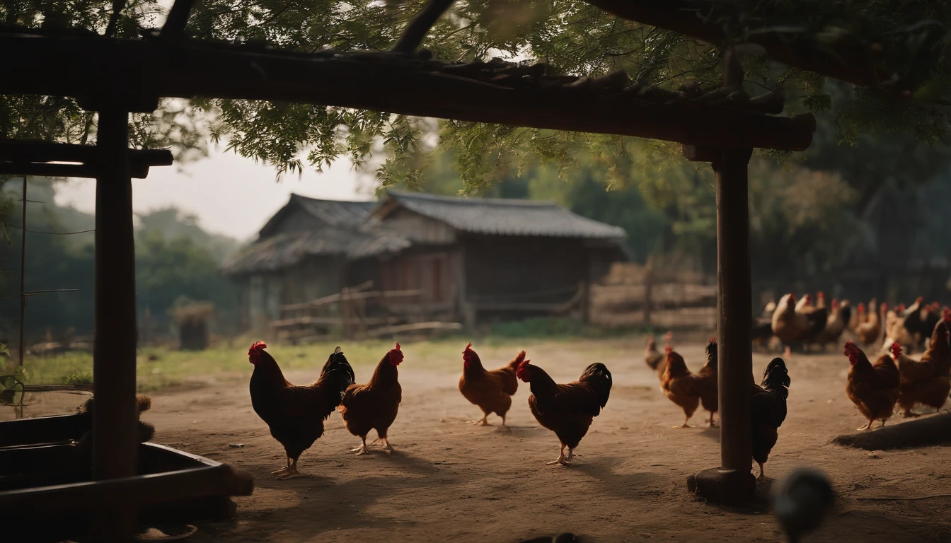 ((Masterpiece)), (Top quality), (Best quality), (SENSE OF CINEMA), (Realphotos), (hyper-detailing), China's countryside,There is a small house,There is a chicken farm nearby,There are a lot of chickens running inside