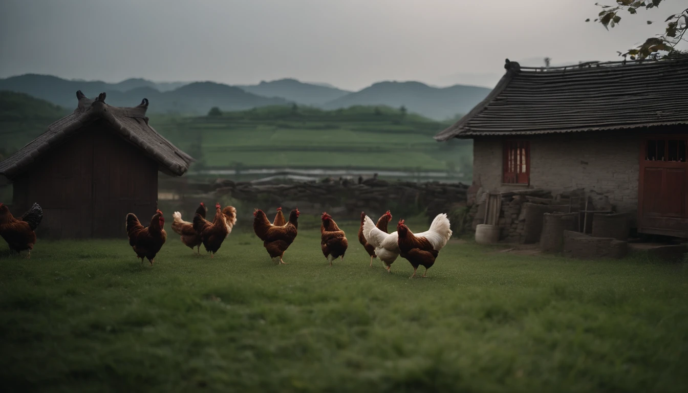 ((Masterpiece)), (Top quality), (Best quality), (SENSE OF CINEMA), (Realphotos), (hyper-detailing), China's countryside，There is a small house，There is a chicken farm nearby，There are a lot of chickens running inside