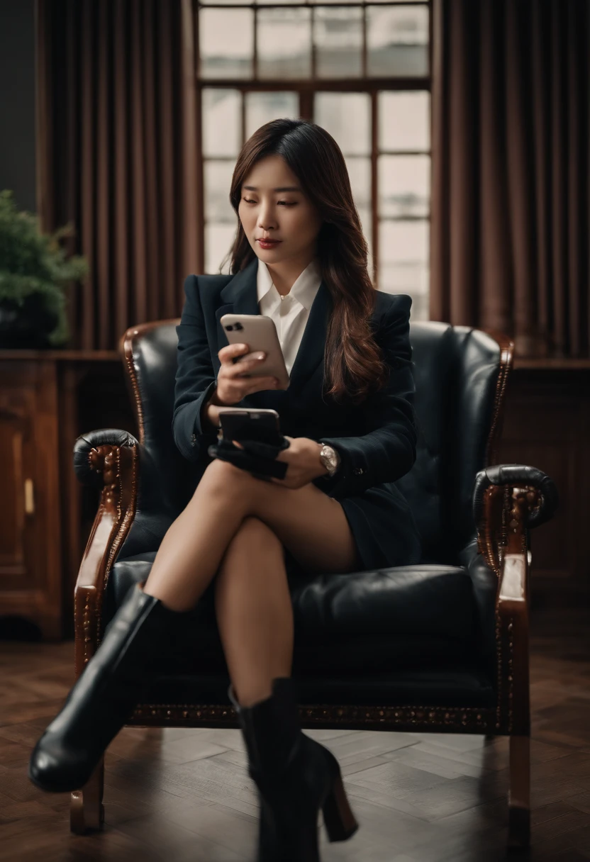 Business suits　Black leather gloves　Long boots　face to face　Young Japanese lady　Report on your smartphone　Buspup sits on a chair with Erlang legs