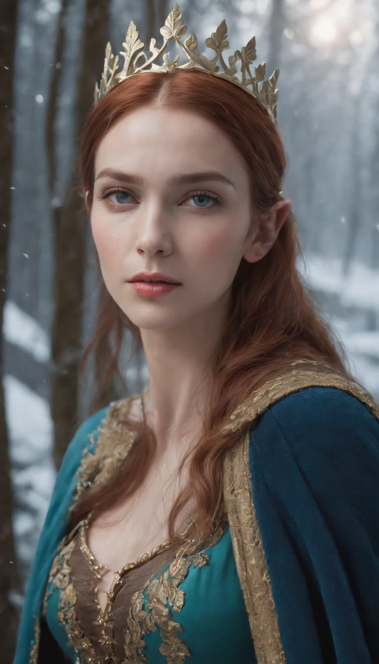 Woman with an ice crown on her head,Wearing a navy blue winter cape with gold details, snowflake brooch. cabelos preto e longos. Queen of Winter, Elf Princess, portrait of an elf queen, fairy queen, Winter Princess, fairy queen, Artgerm on ArtStation Pixiv, beautiful and elegant elf queen, full bodyesbian. Standing in the snow in front of a large icy castle. rpg character. medieval era. elf woman. Red-haired elves. blue color eyes. Forest elves. Forest warrior elves. Elven archers. Medieval archers. archery. Organic Amadurlah. Moss green armor. Soft llumination. Standing in the middle of the forest. floresta exuberante. bioluminescent mushrooms. fantastical setting. sunlights. rays of sunshine. Warm highlights. Blue and yellow green color palette. Role-play character design. Model IG | Art germ, :: rossdraws, The artwork is not Guvez style, extremely detailed artgerm. full bodyesbian, detailed background of a castle, ultra - detailed, Detal Face, The sincere perspective of the photo, author:Lee Jeffries, Nikon D850, Stock photographic film ,4 Kodak Portra 400, F1 camera lens.6, plethora of colors, Ultra photo realsisim, textures true to reality, The lighting is dramatic, cine still 800 (8K, photo RAW, best qualityer, tmasterpiece: 1.2), ultra - detailed, (highly detailedskin: 1.2), 8K UHD, Digital SLR, Soft llumination, high high quality.Model IG | Art germ, :: rossdraws, The artwork is not Guvez style, extremely detailed artgerm. full bodyesbian, detailed background of a castle, ultra - detailed, Detal Face, The sincere perspective of the photo, author:Lee Jeffries, Nikon D850, Stock photographic film ,4 Kodak Portra 400, F1 camera lens.6, plethora of colors, Ultra photo realsisim, textures true to reality, The lighting is dramatic, cine still 800