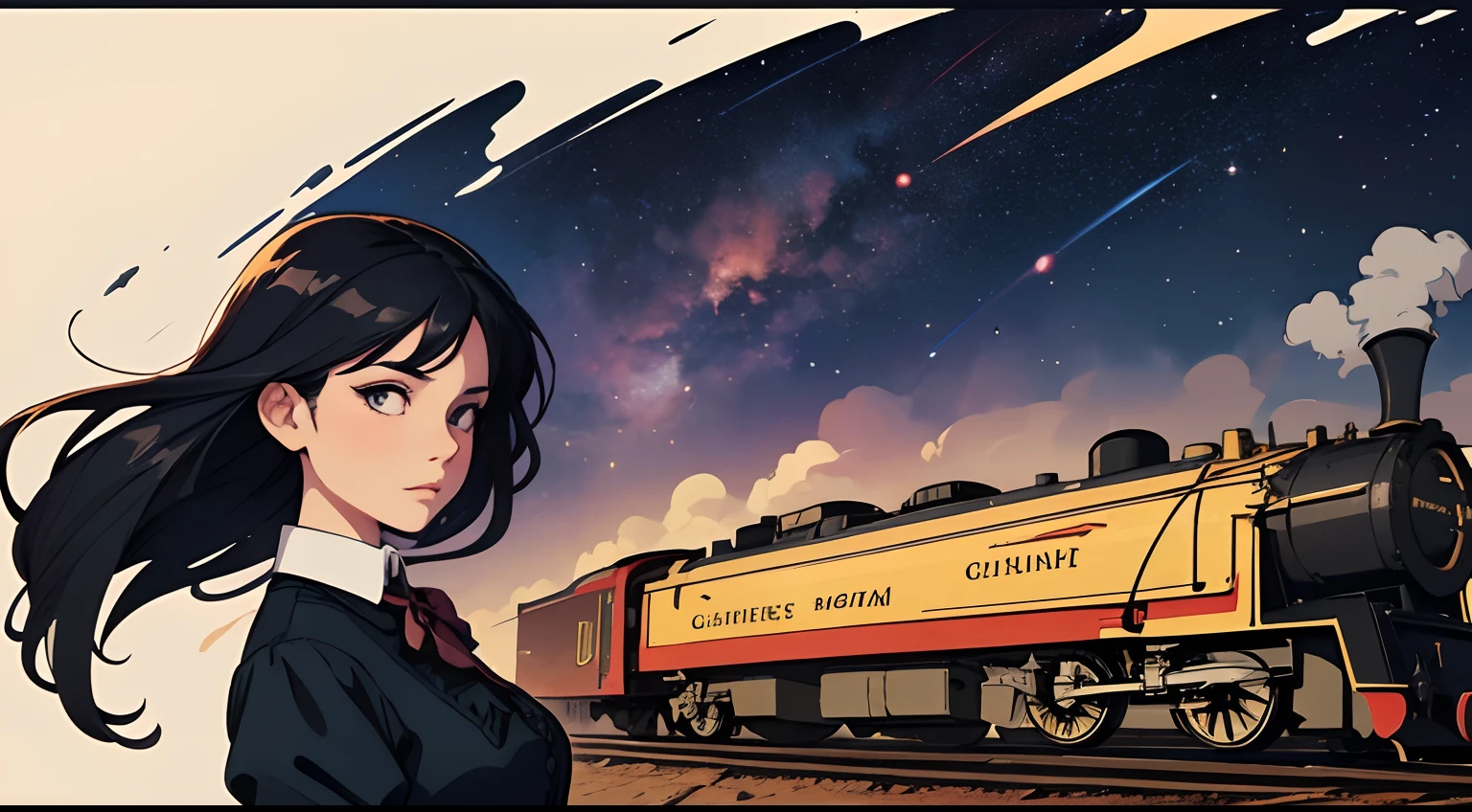 beautiful and asethetic, masterpiece, movie poster, best quality, drawing of a of a long black haired woman with a high collared black long sleeved victorian dress dramatic pose in front of a steam train, celestial, stars, bright colors, abstract, by james jean style, fantastical elements