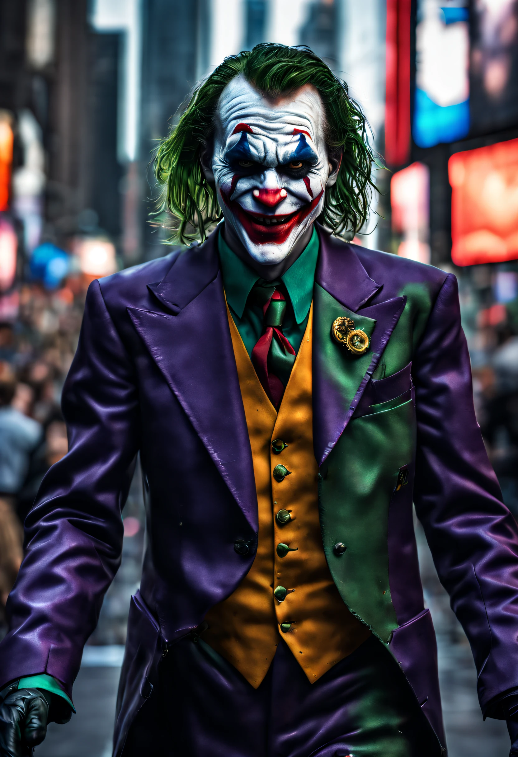 DC comics, The joker (insane smile, big stary eyes, trademark purple outfit, arms out) standing on the roof of a skyscraper, viewed from a low angle behind shoulder, insane starry night with evil stars