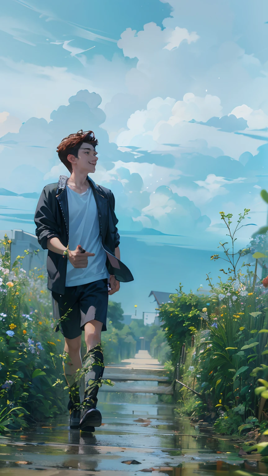 (absurdres, highres, ultra detailed, HDR), masterpiece, best quality, 1boy, handsome, short hair, finely eye and detailed face, (white t-shirt), (red jacket), dimple, night street, night city, midnight, selfie shot, light smile